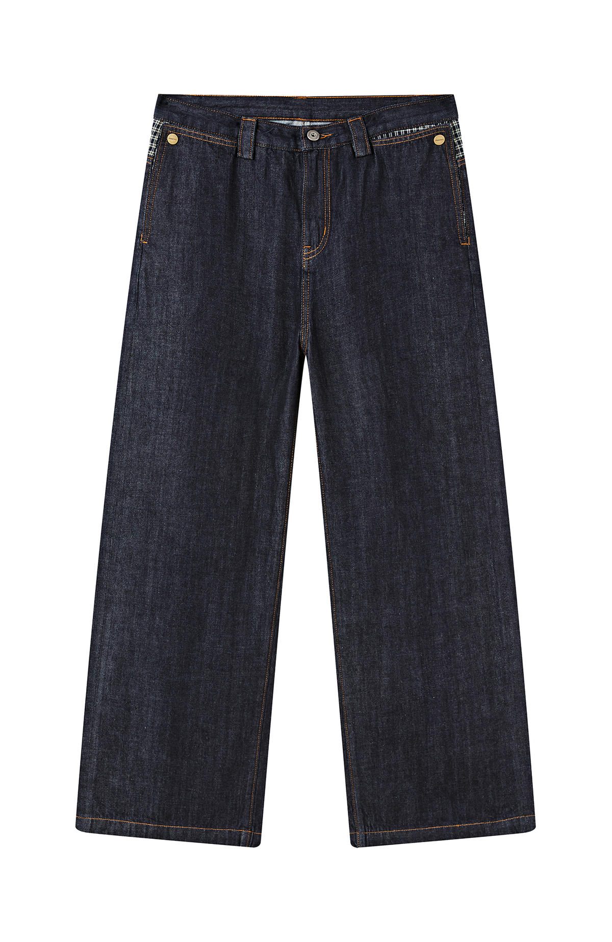 FMACM Plaid Spliced Raw-Hem Straight-Leg Jeans