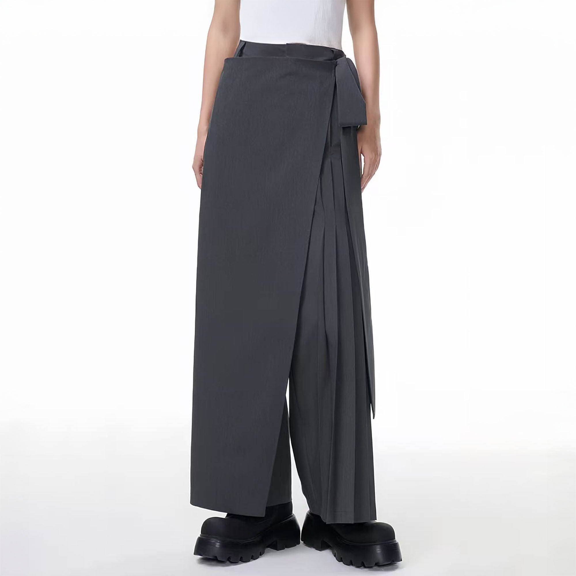 TUIMU Asymmetrical Wrap Pleated Wide-Leg Trousers, premium urban and streetwear designers apparel on PROJECTISR.com, TUIMU