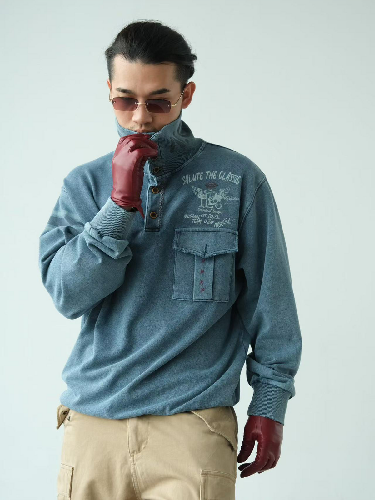 NEIGBORL Retro Graphic Washed Stand-Collar Sweatshirt