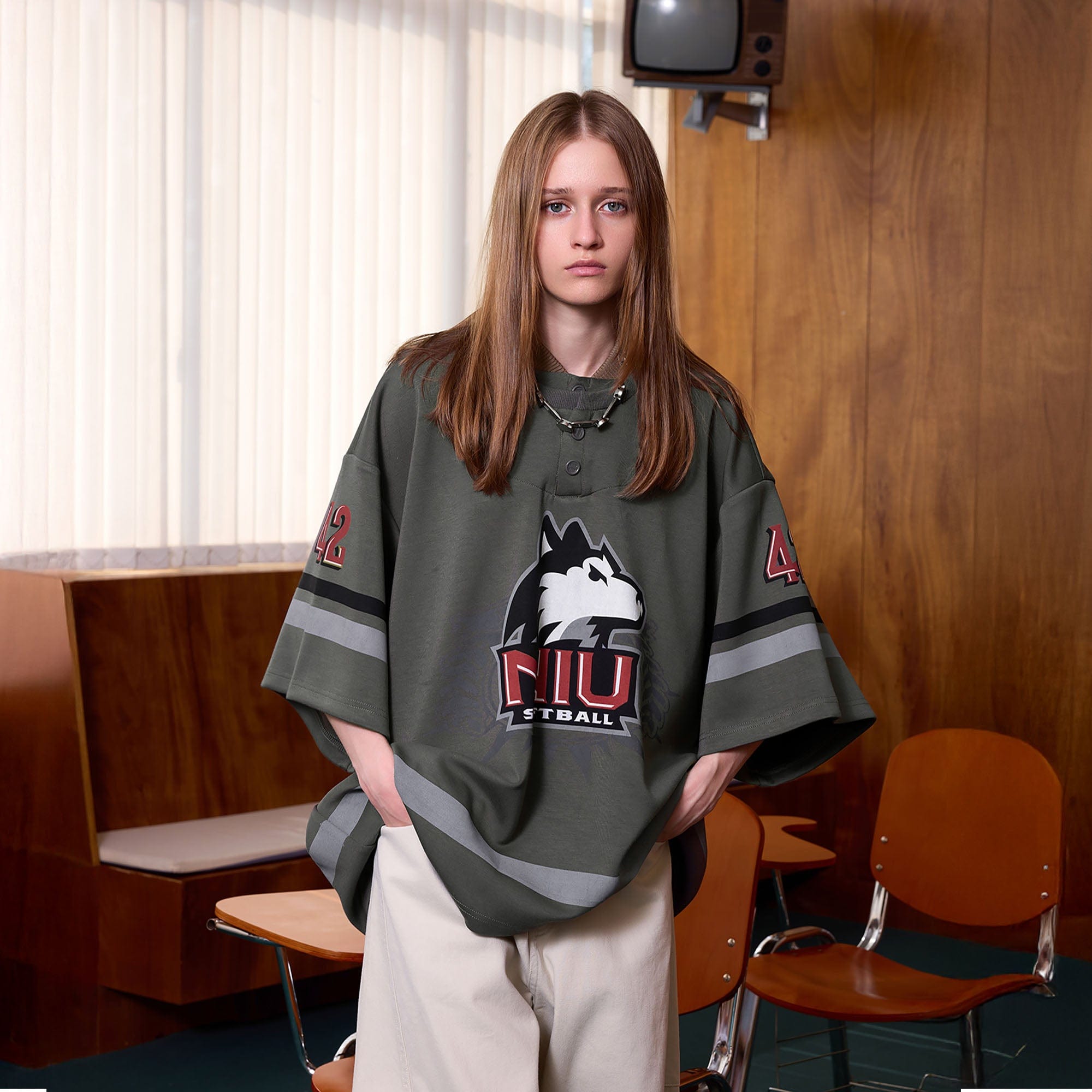 トップス TEE DOCKING LAYERED HS JACKET ERROR CODE ROBOT Varsity Layered Collar Oversized Huskie Tee