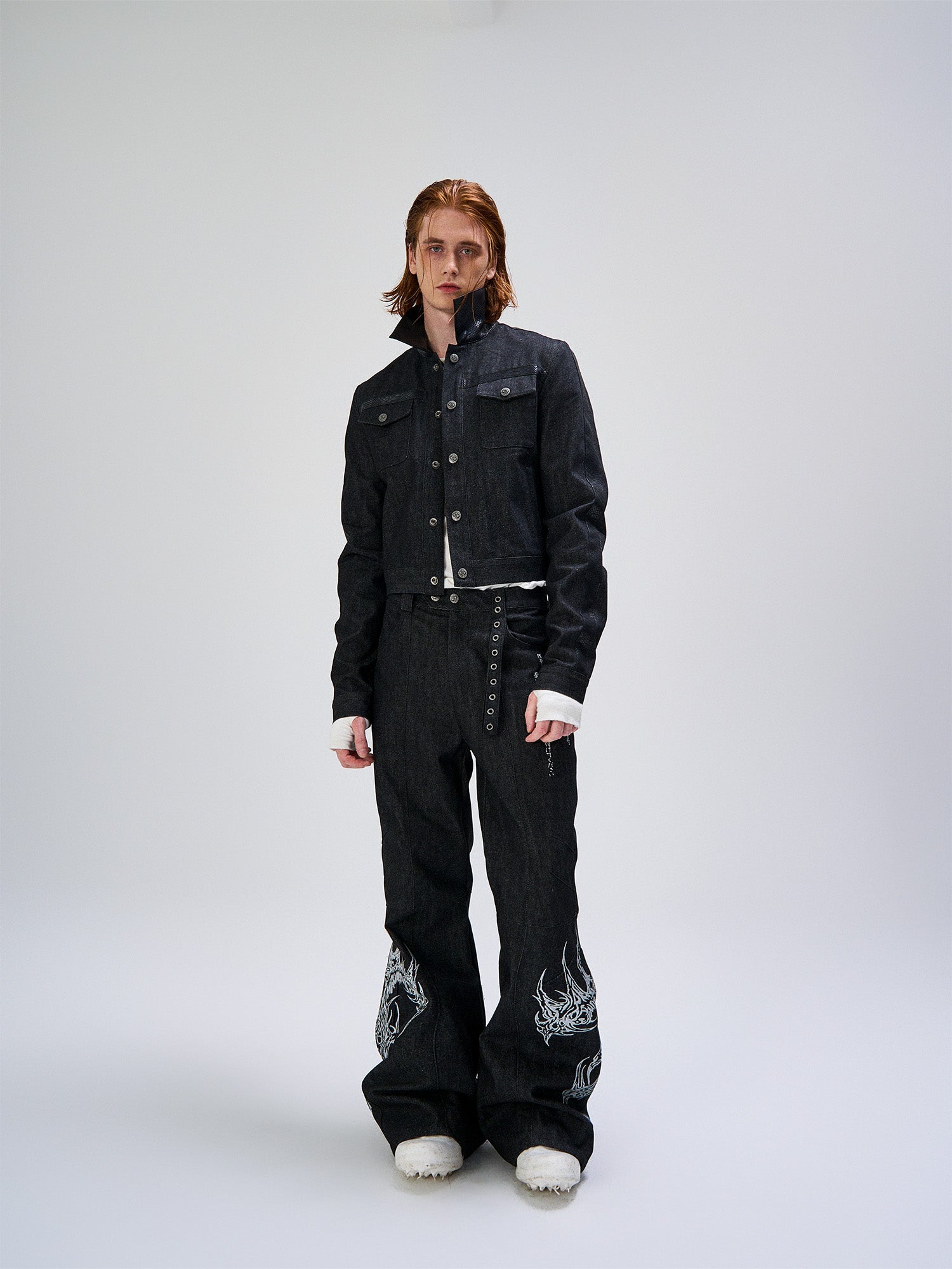 FLYERRER Serpent Cropped Raw Denim Jacket, premium urban and streetwear designers apparel on PROJECTISR.com, FLYERRER
