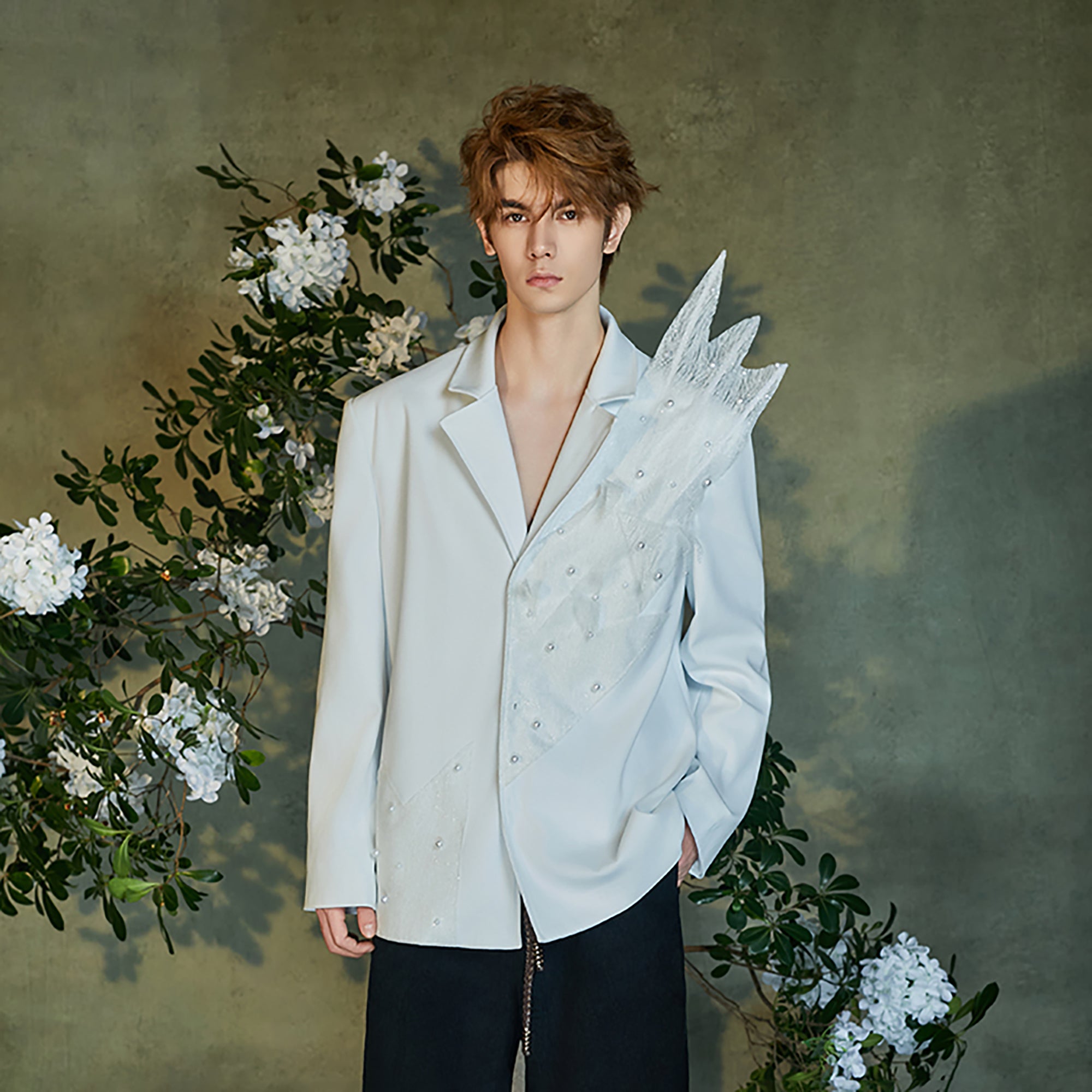 JIECHI Pearl-Embellished Sheer Feather Blazer