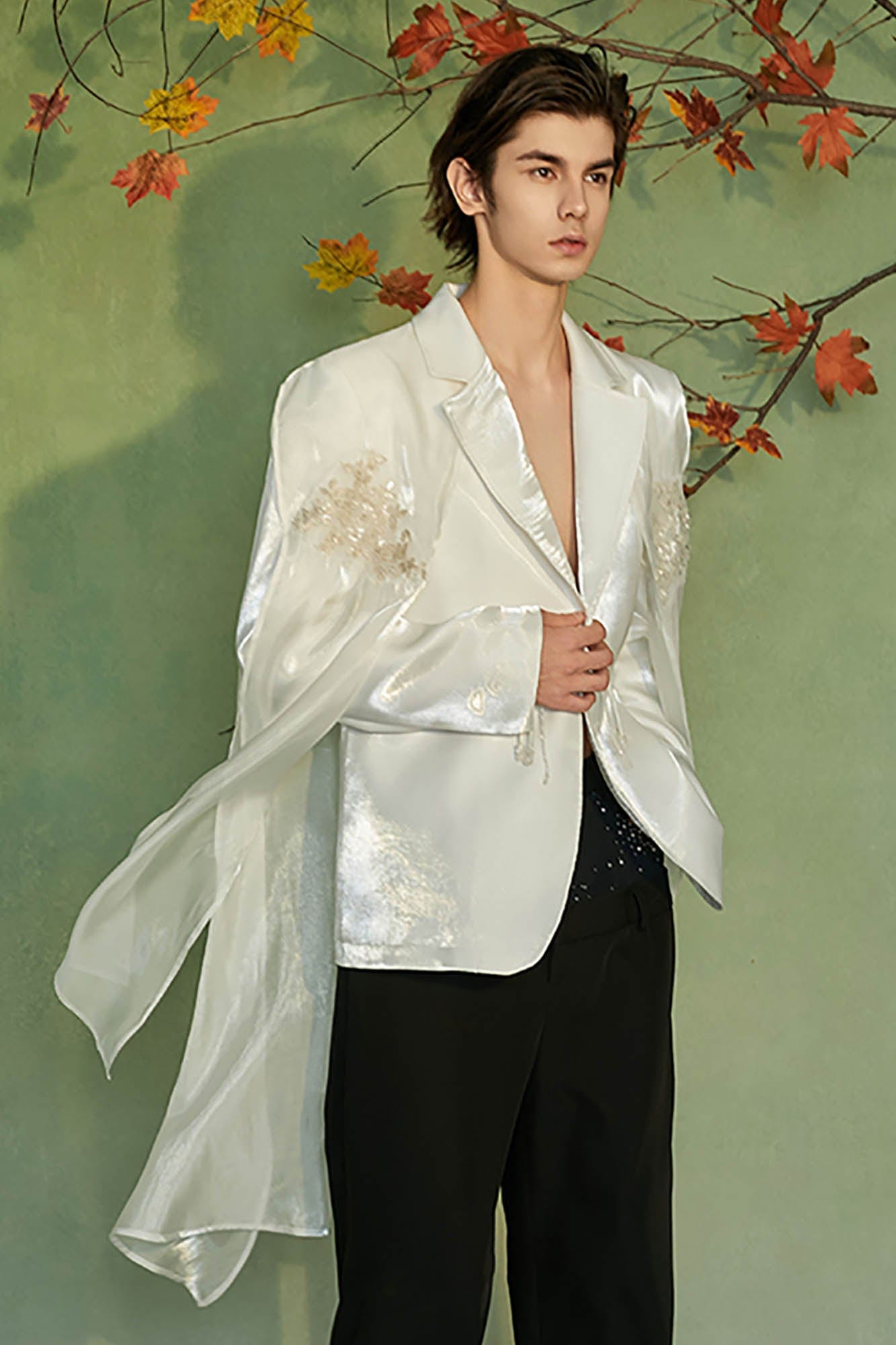 JIECHI Floral Embellished Cape Satin Blazer, premium urban and streetwear designers apparel on PROJECTISR.com, JIECHI