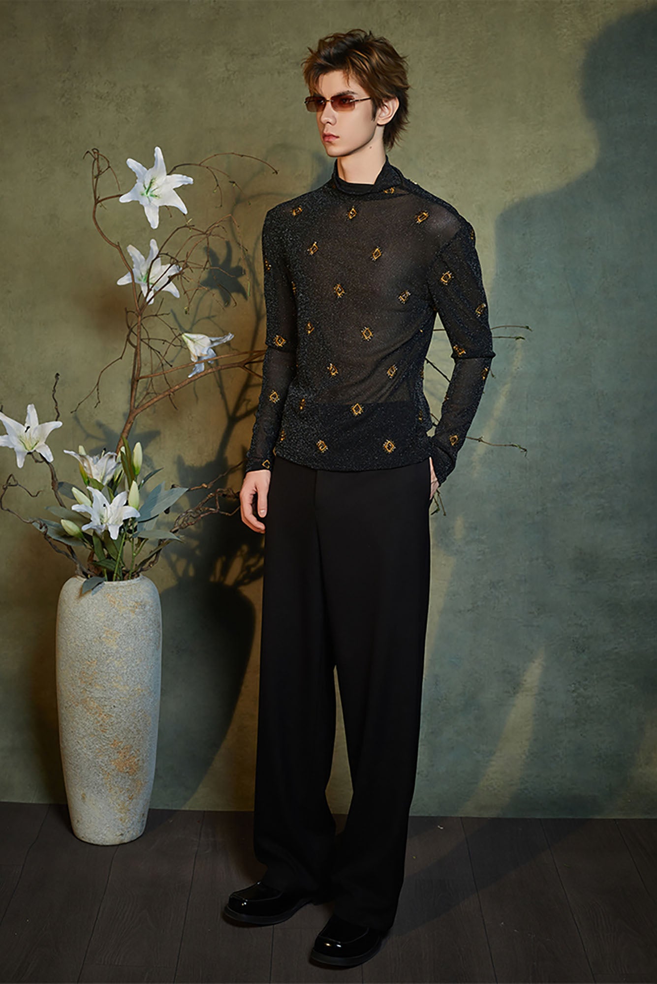 JIECHI Embroidered Mock-Neck Sheer Long-Sleeve Tee, premium urban and streetwear designers apparel on PROJECTISR.com, JIECHI