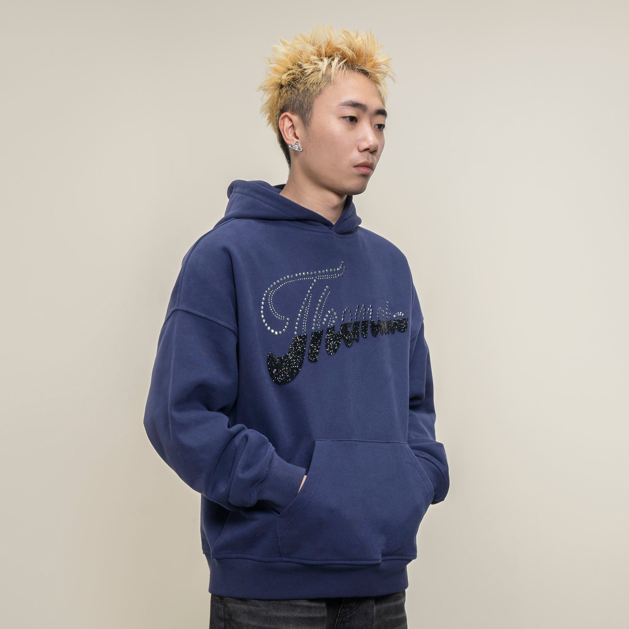 MAKEMORE Rhinestone Contrast LOGO Fleece Hoodie