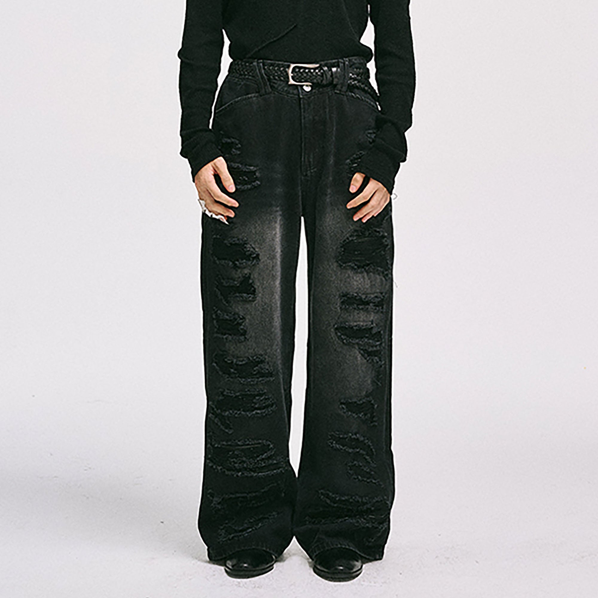 CATSSTAC Ripped Washed Faux-Leather Panel Wide-Leg Jeans, premium urban and streetwear designers apparel on PROJECTISR.com, CATSSTAC