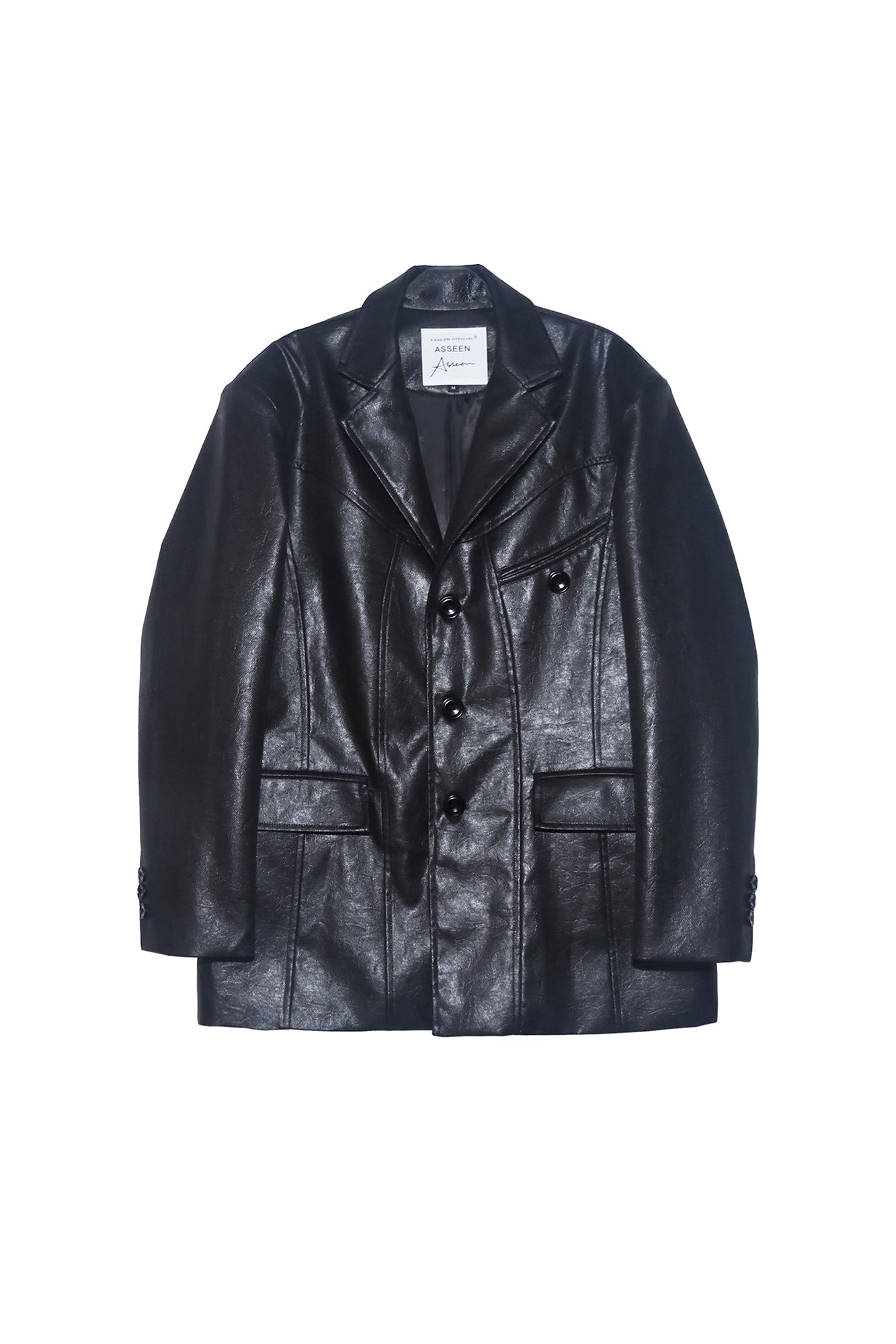 ASSEEN Oversized Faux Leather Curved Stitch Blazer