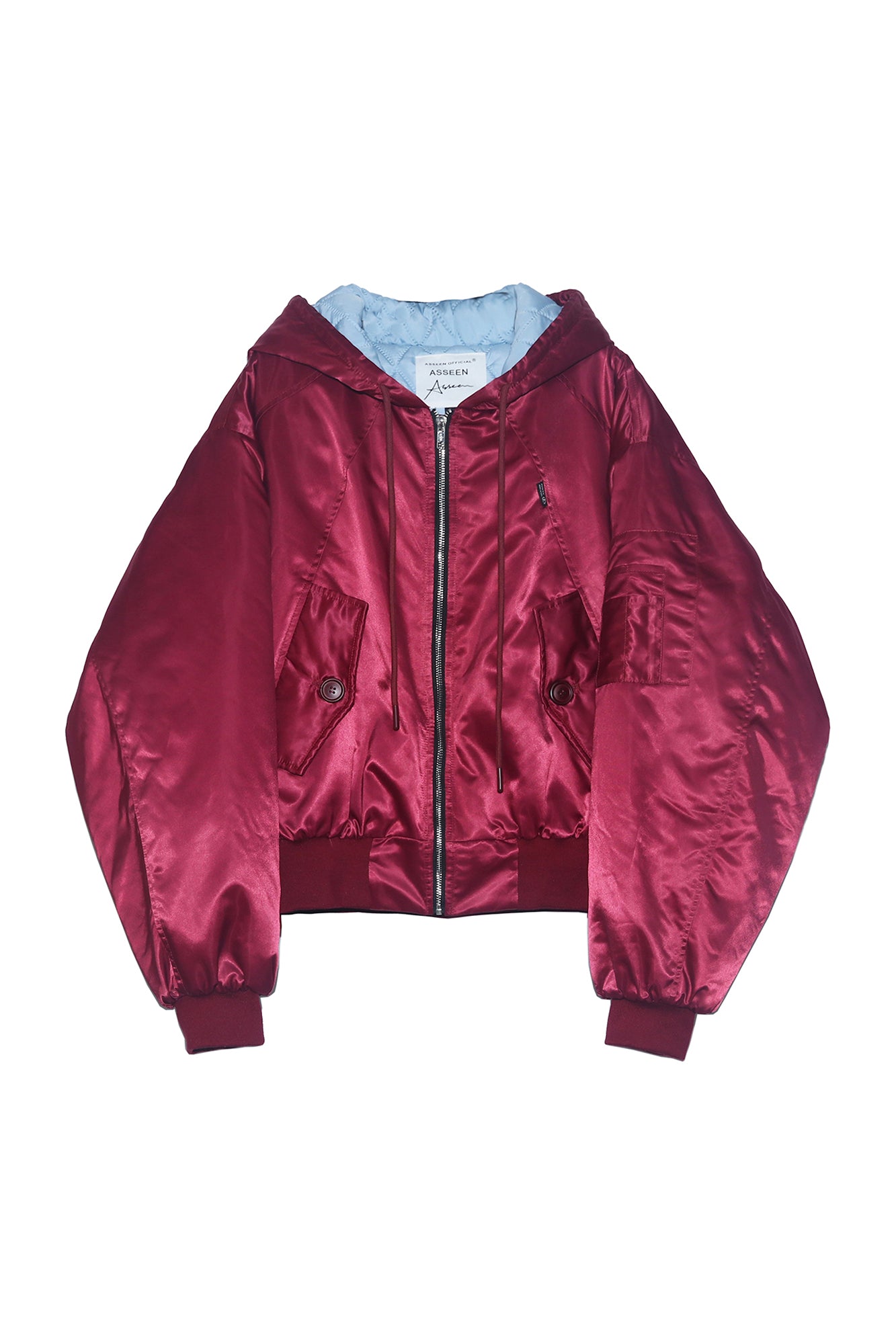 ASSEEN Devil-Horn Satin Hooded Bomber Jacket