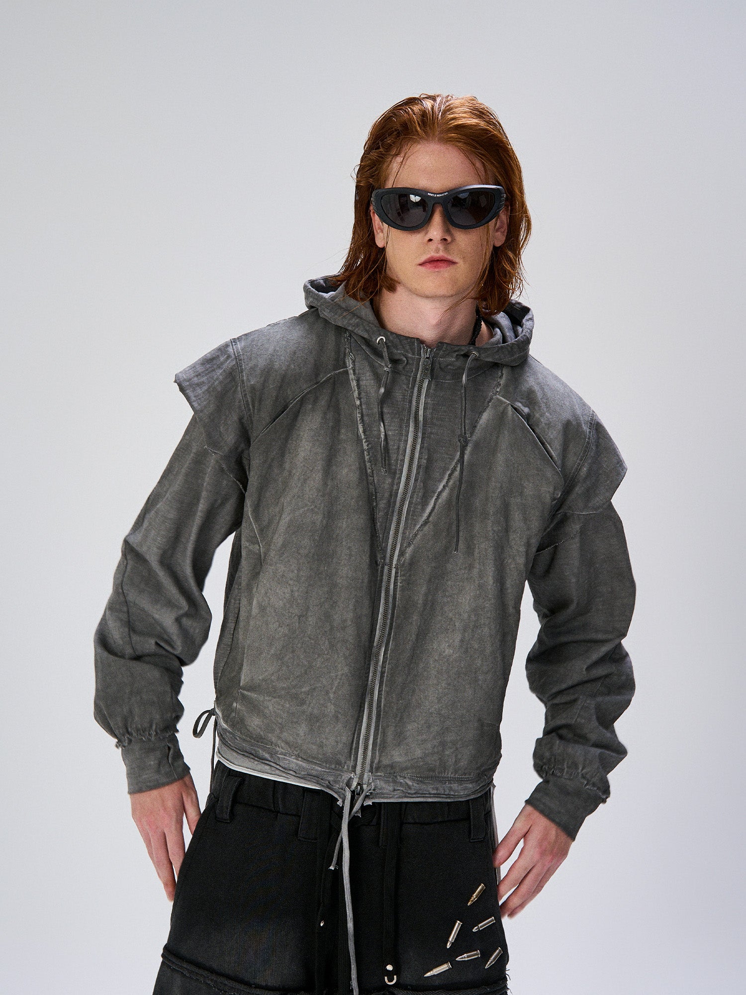 FLYERRER Distressed Layered Drawstring Hooded Jacket, premium urban and streetwear designers apparel on PROJECTISR.com, FLYERRER
