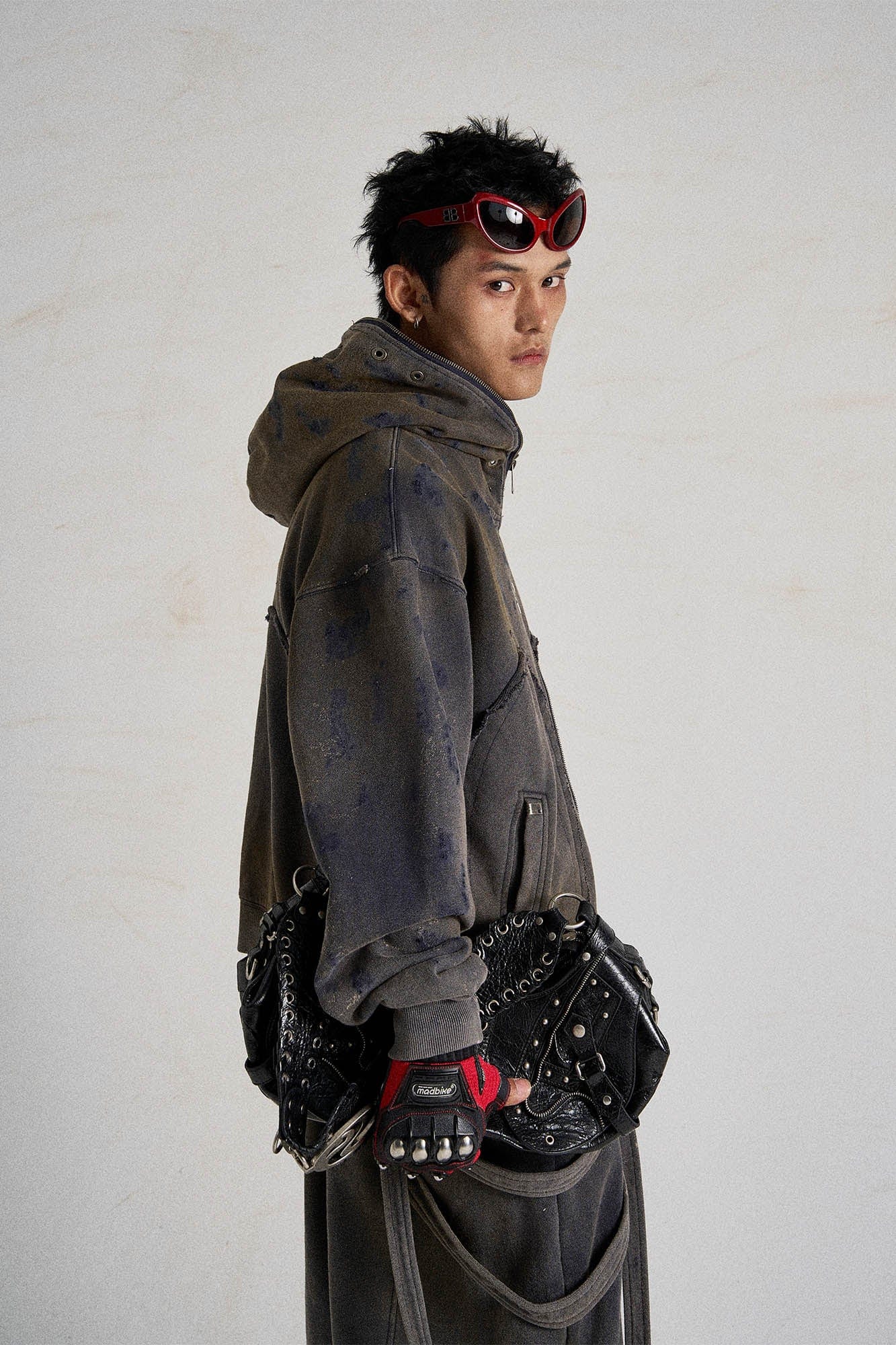 FLYERRER Distressed Patchwork Zip-up Hoodie