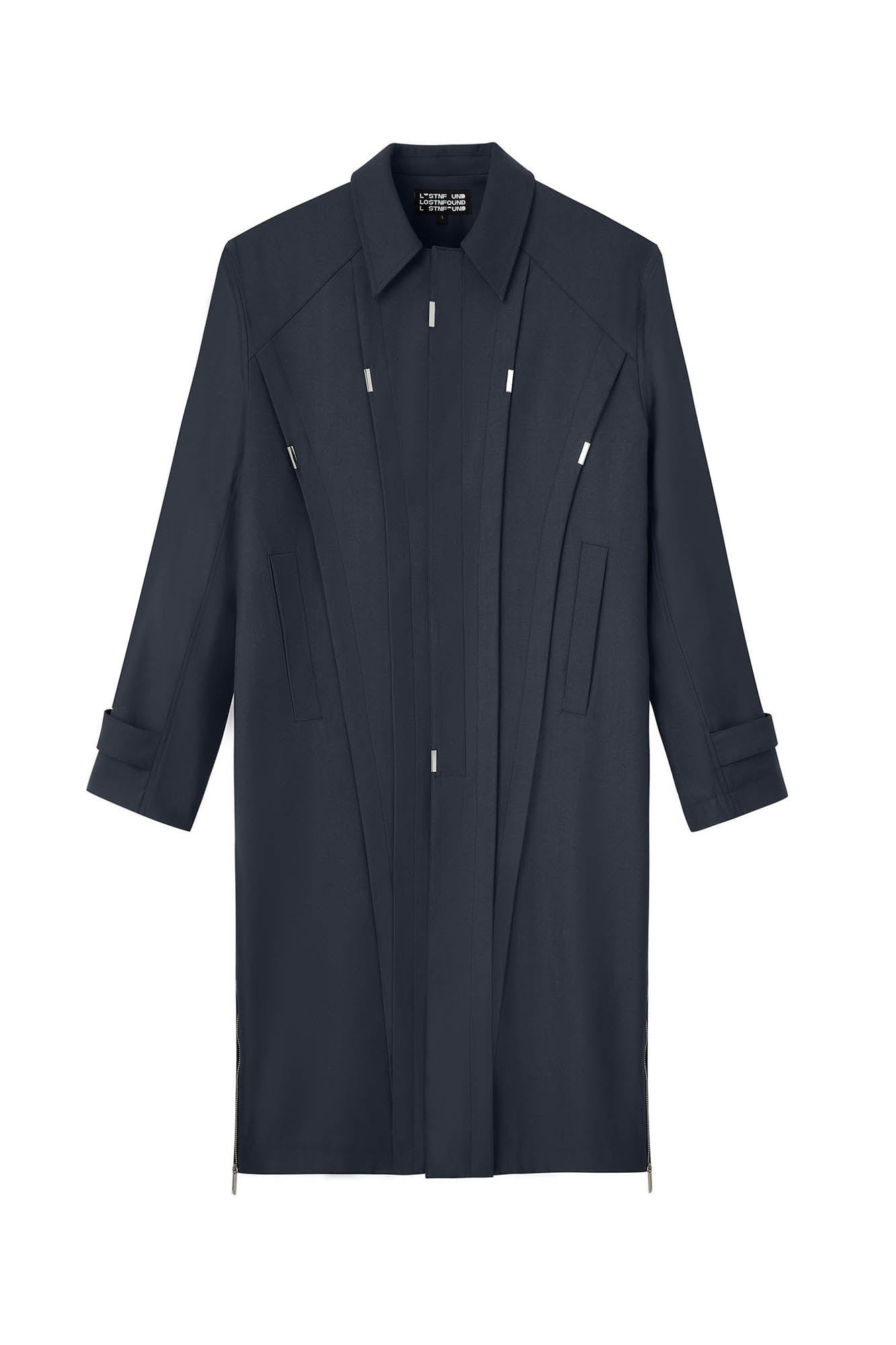 LOSTNFOUND Spliced Pleated Side-Zip Overcoat, premium urban and streetwear designers apparel on PROJECTISR.com, LOSTNFOUND