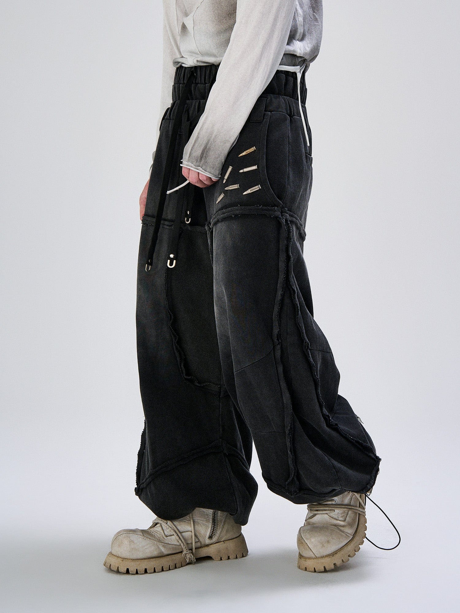 FLYERRER Washed Double-Waist Bullet Rivet Baggy Sweatpants, premium urban and streetwear designers apparel on PROJECTISR.com, FLYERRER