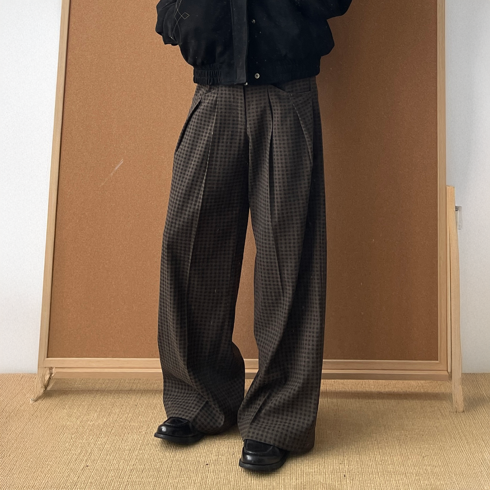 OKAYTHXBYE Retro Checks Double-Pleated Trousers