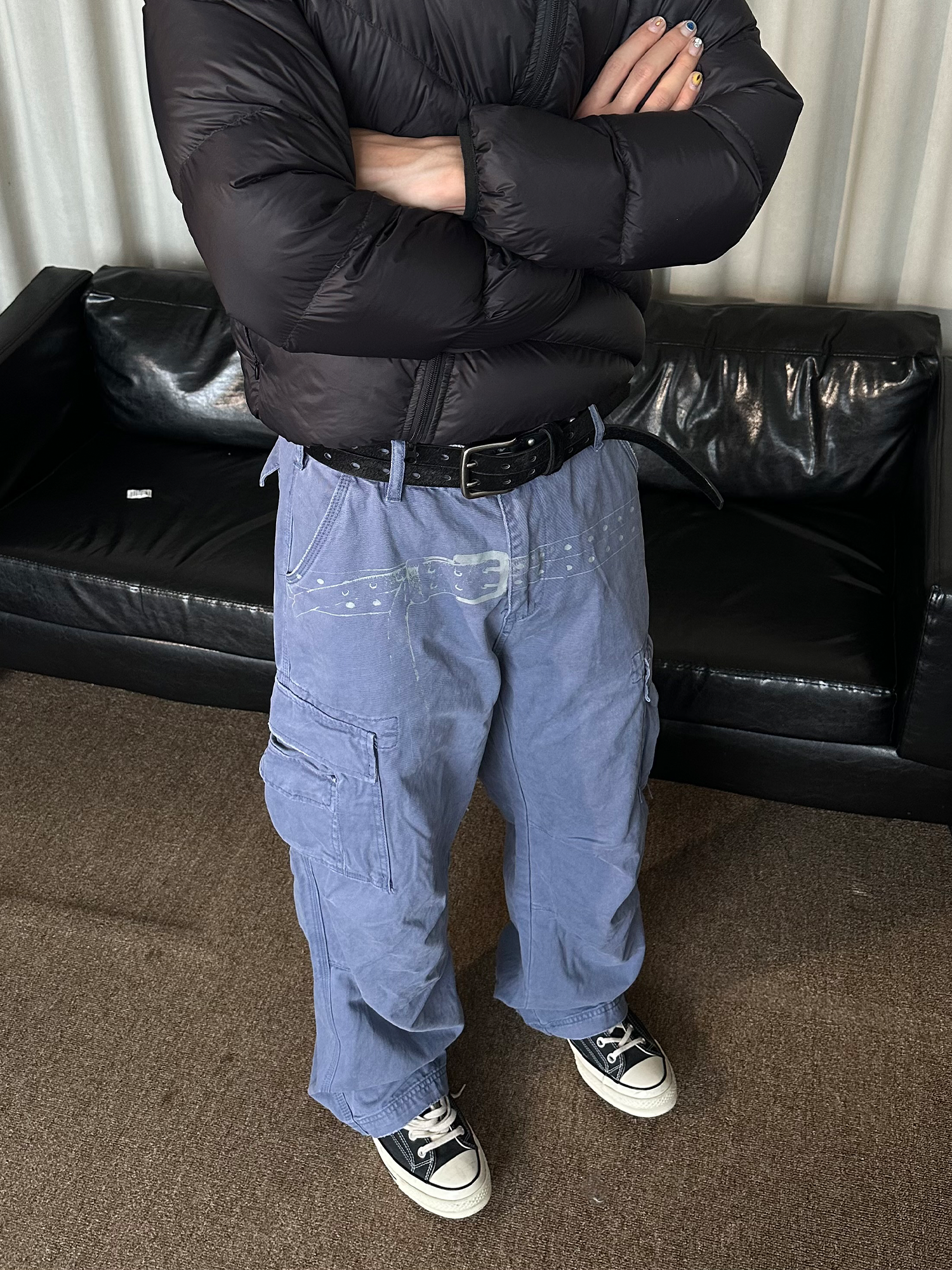 KREATE Washed Belt Graphic Crinkled Cargo Pants