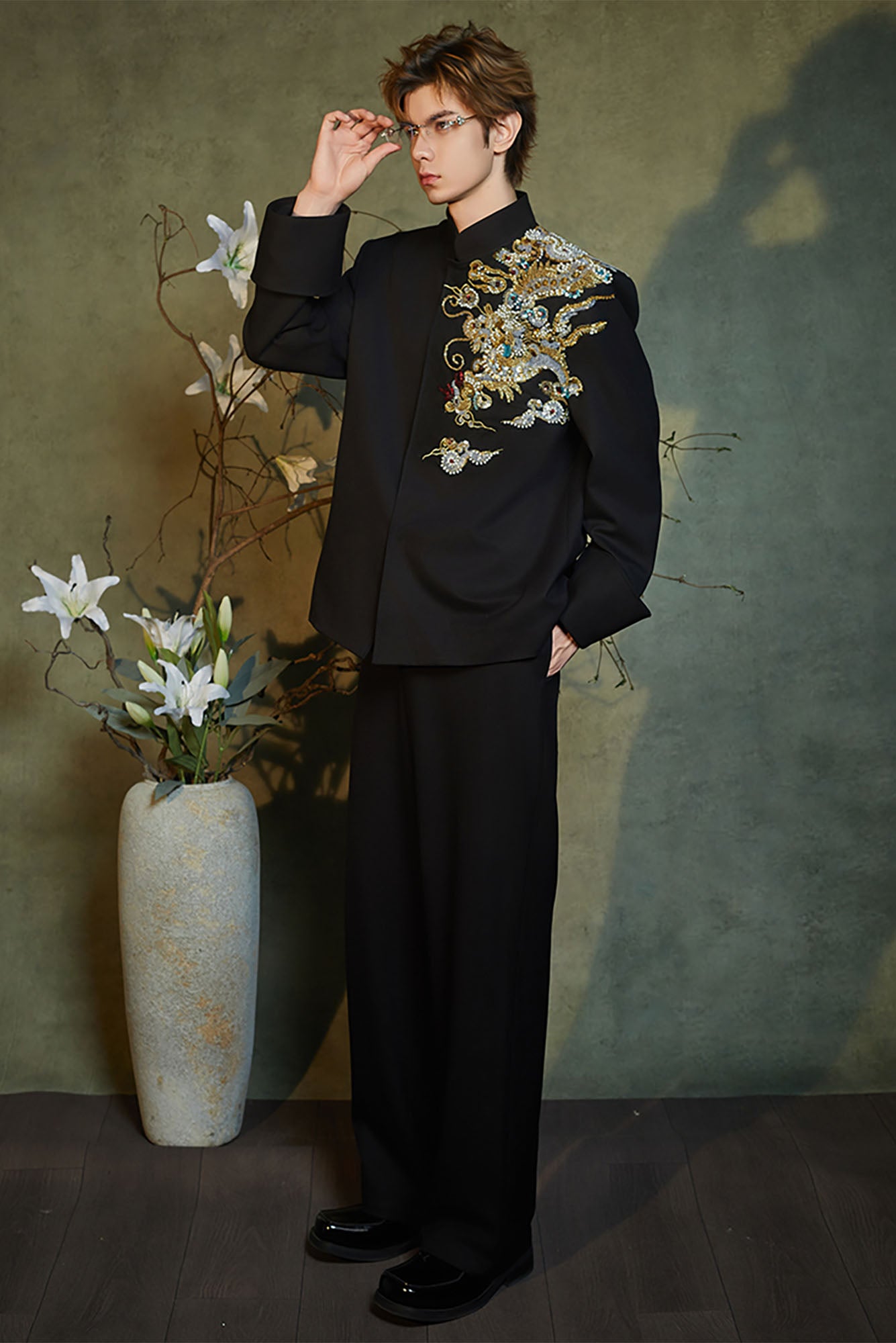 JIECHI Dragon Beaded Mandarin Collar Blazer, premium urban and streetwear designers apparel on PROJECTISR.com, JIECHI