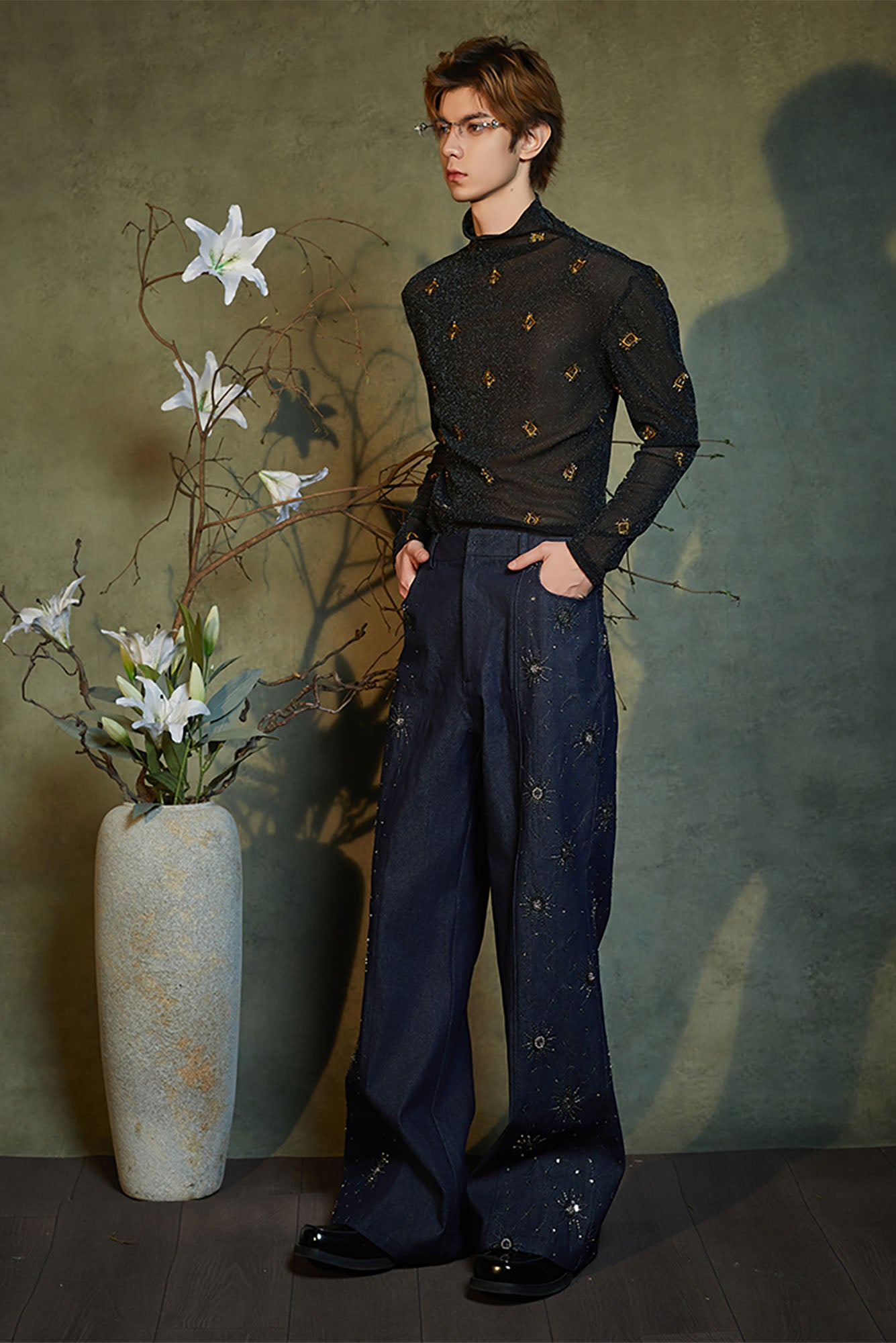 JIECHI Embroidered Middle-Panel Straight-Leg Jeans, premium urban and streetwear designers apparel on PROJECTISR.com, JIECHI
