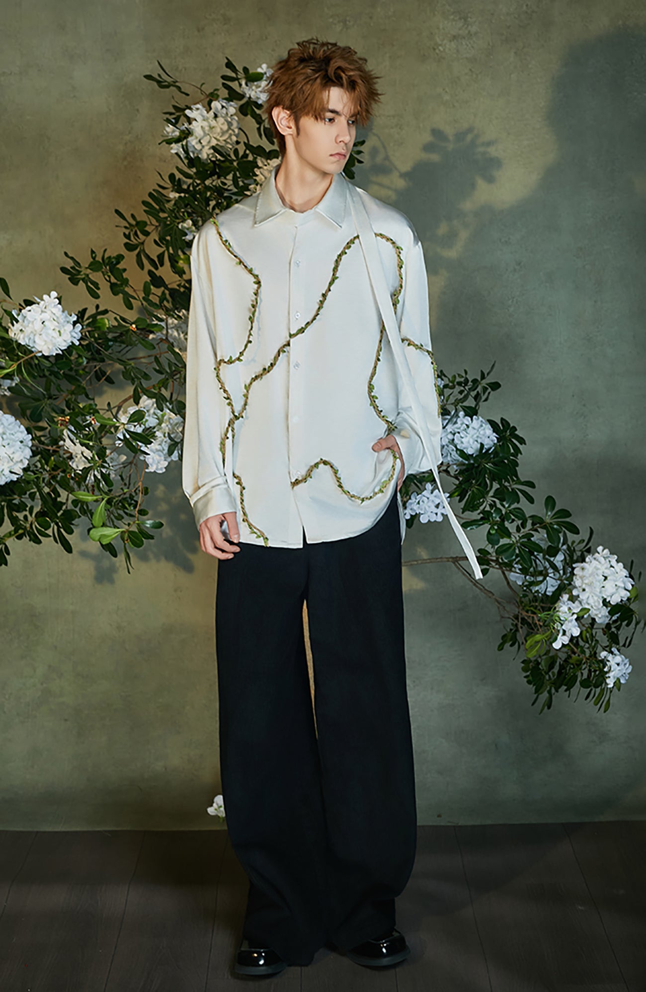 JIECHI Woven Belted Pleated Wide-Leg Suit Pants