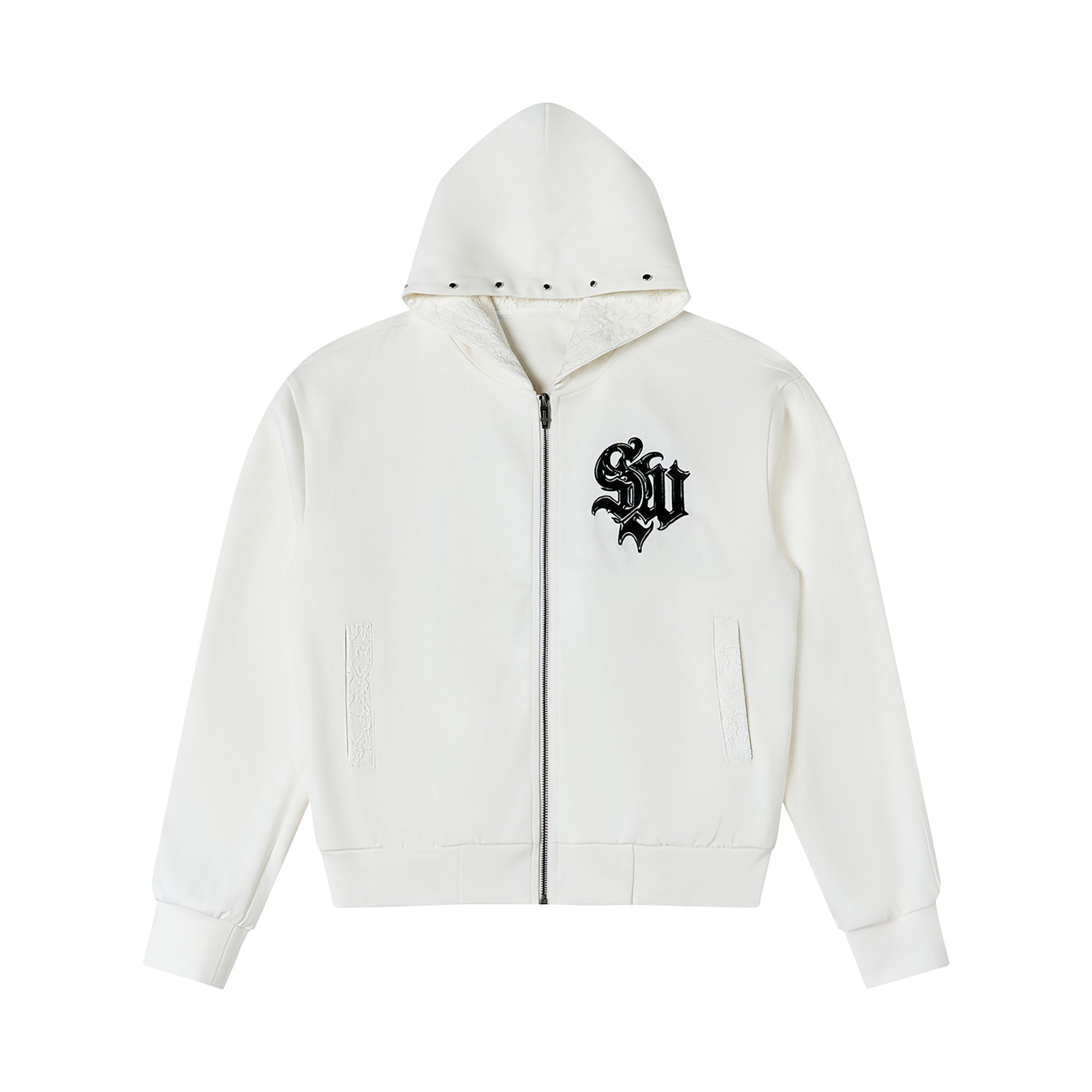 SAVAGEGROWTHWORLD Gothic Lettering Embroidered Zip-Up Hoodie