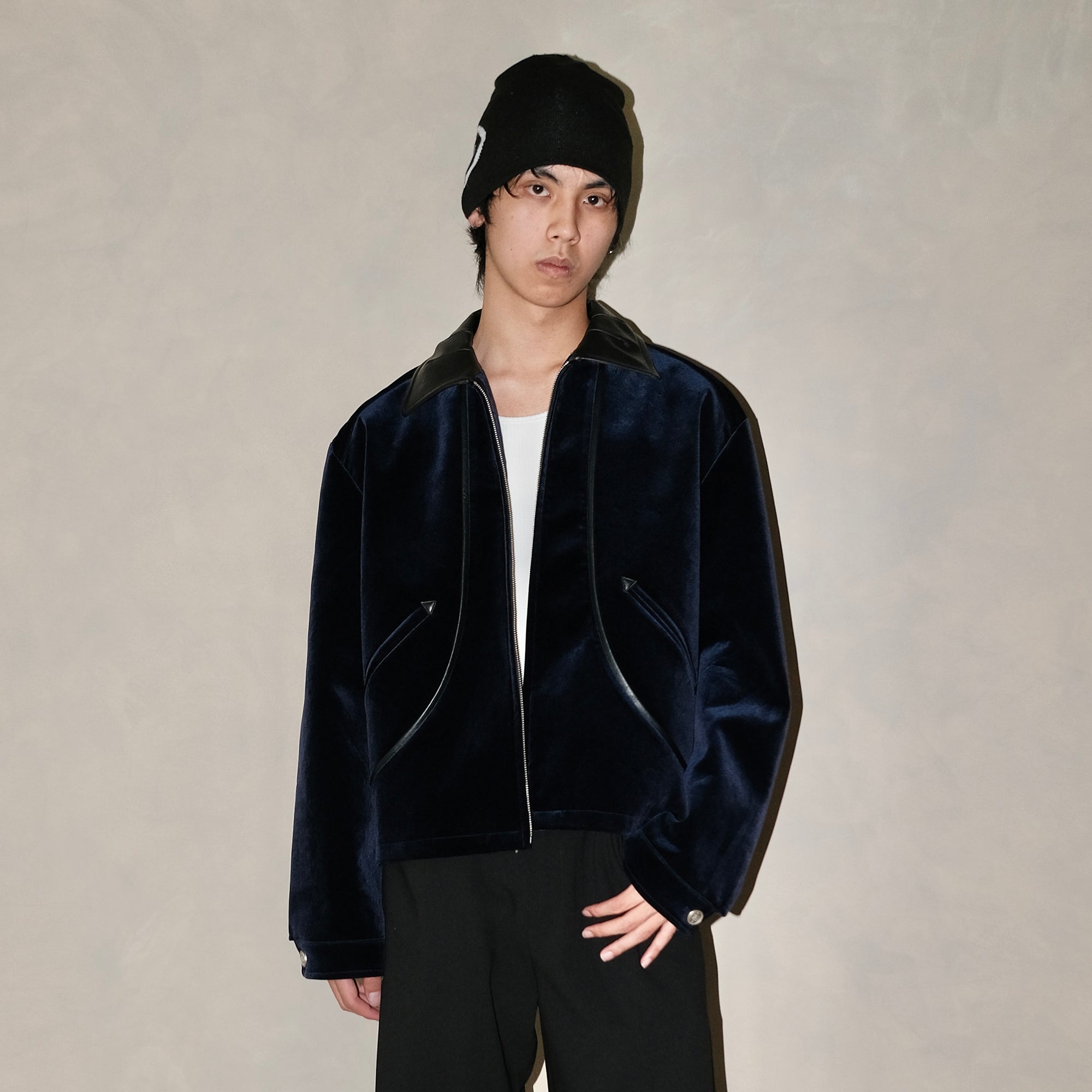 IN EXISTENCE Velvet Faux Leather Collar Jacket