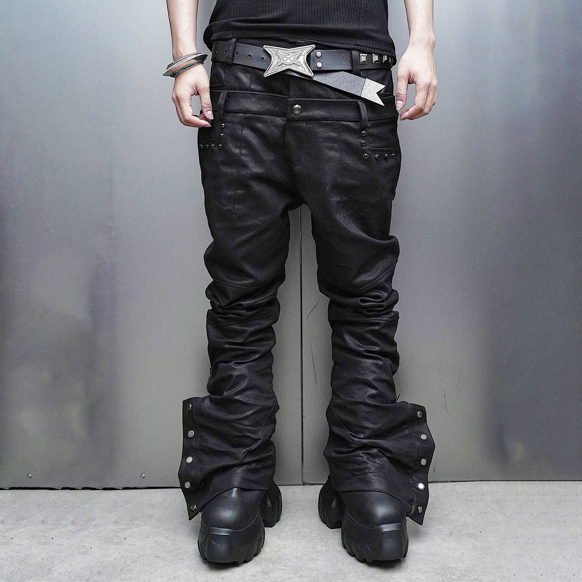 SSIN7 Double Waist Waxed Zip Flared Jeans