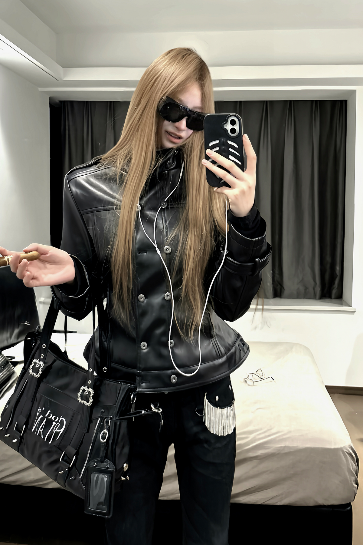 REMODUTION Double-Breasted Cinched Waist Faux Leather Jacket