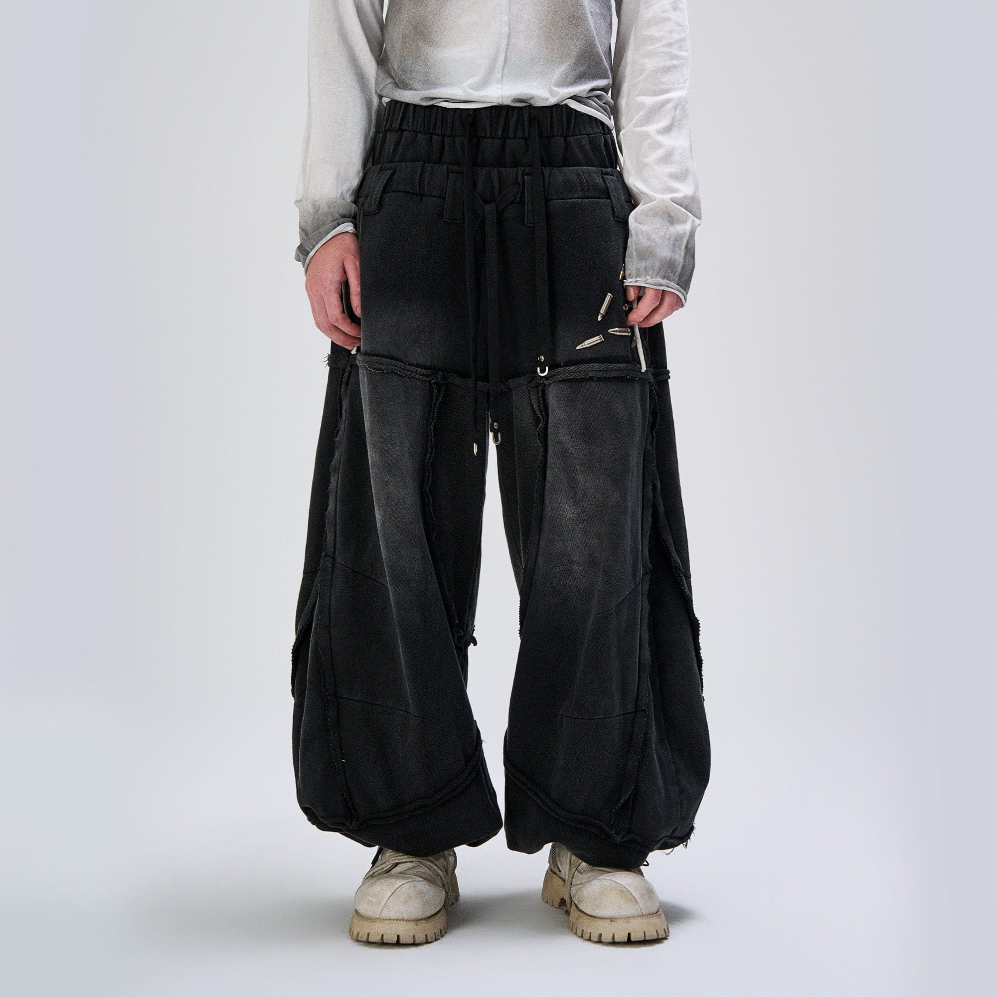FLYERRER Washed Double-Waist Bullet Rivet Baggy Sweatpants, premium urban and streetwear designers apparel on PROJECTISR.com, FLYERRER