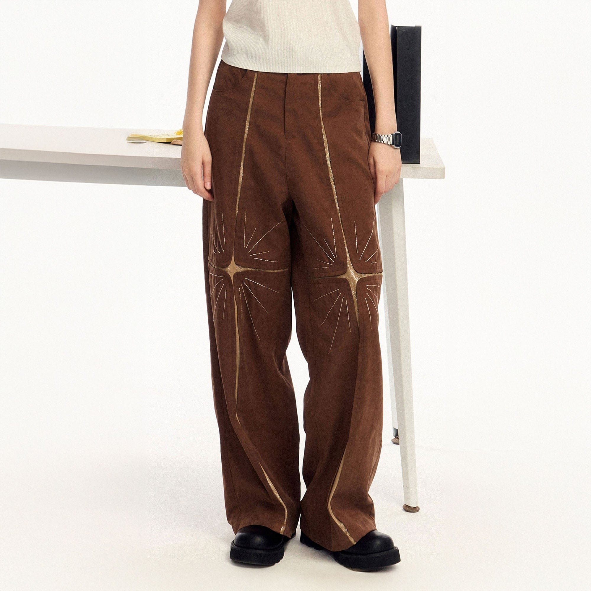 OIPWORD Middle Radiant Star Panel Wide-Leg Pants, premium urban and streetwear designers apparel on PROJECTISR.com, OIPWORD