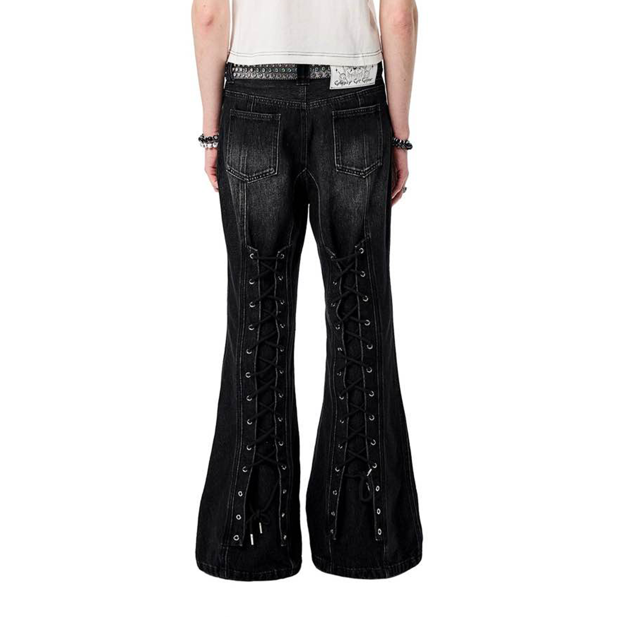 ERISSTOFF Washed Lace-Up Flared Jeans