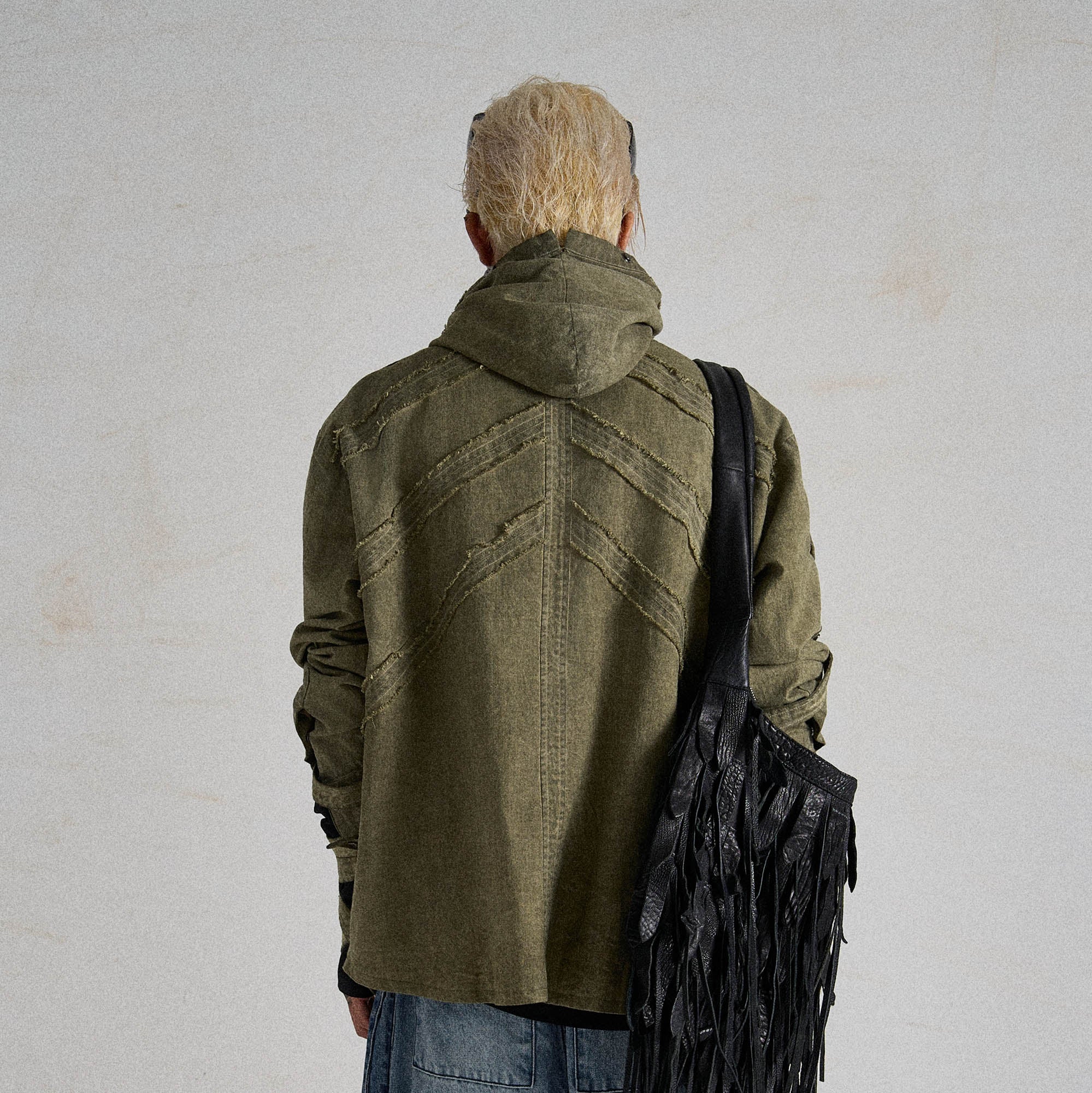 FLYERRER Frayed Fishbone Spliced Strap Hooded Jacket