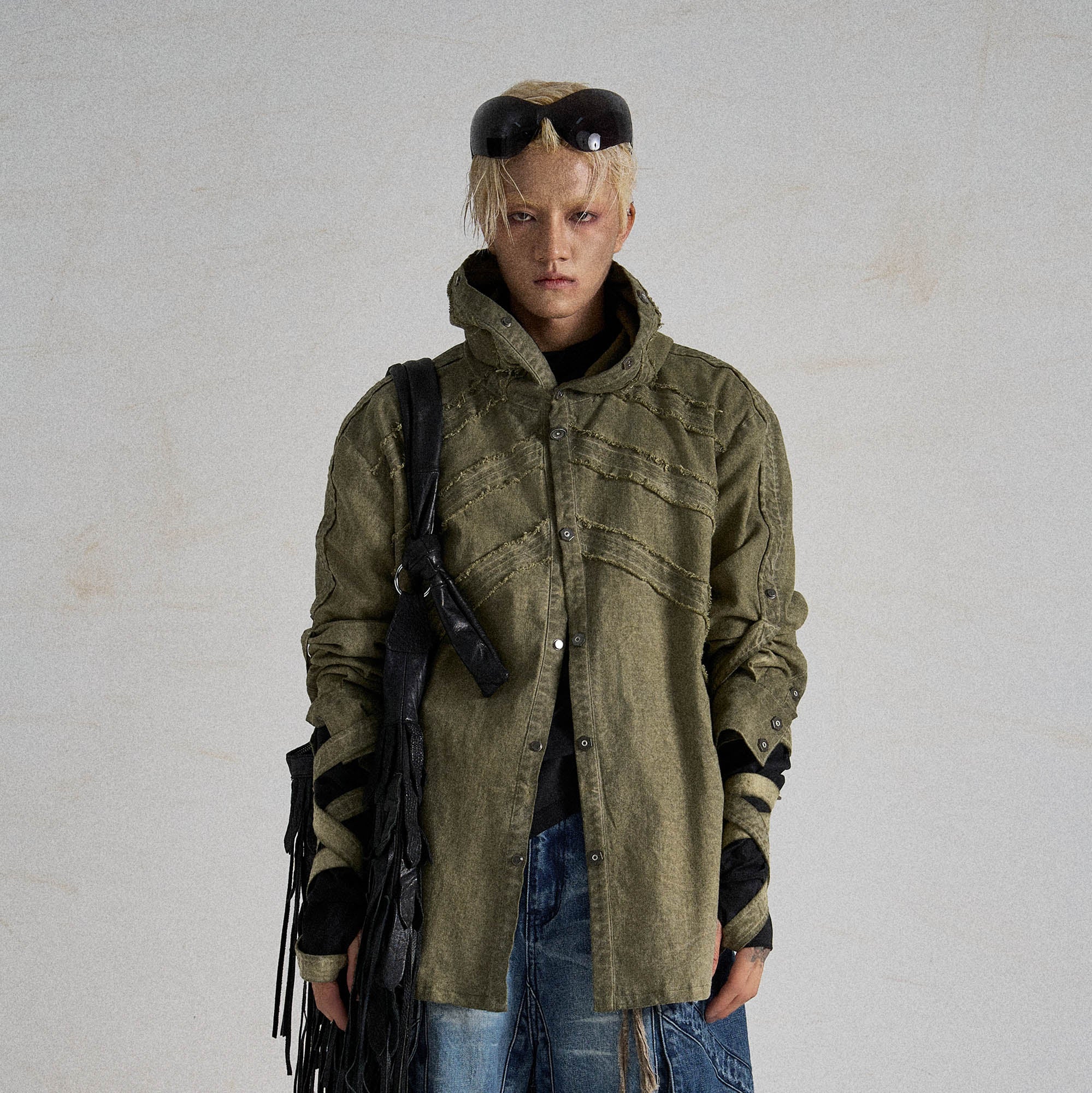 FLYERRER Frayed Fishbone Spliced Strap Hooded Jacket