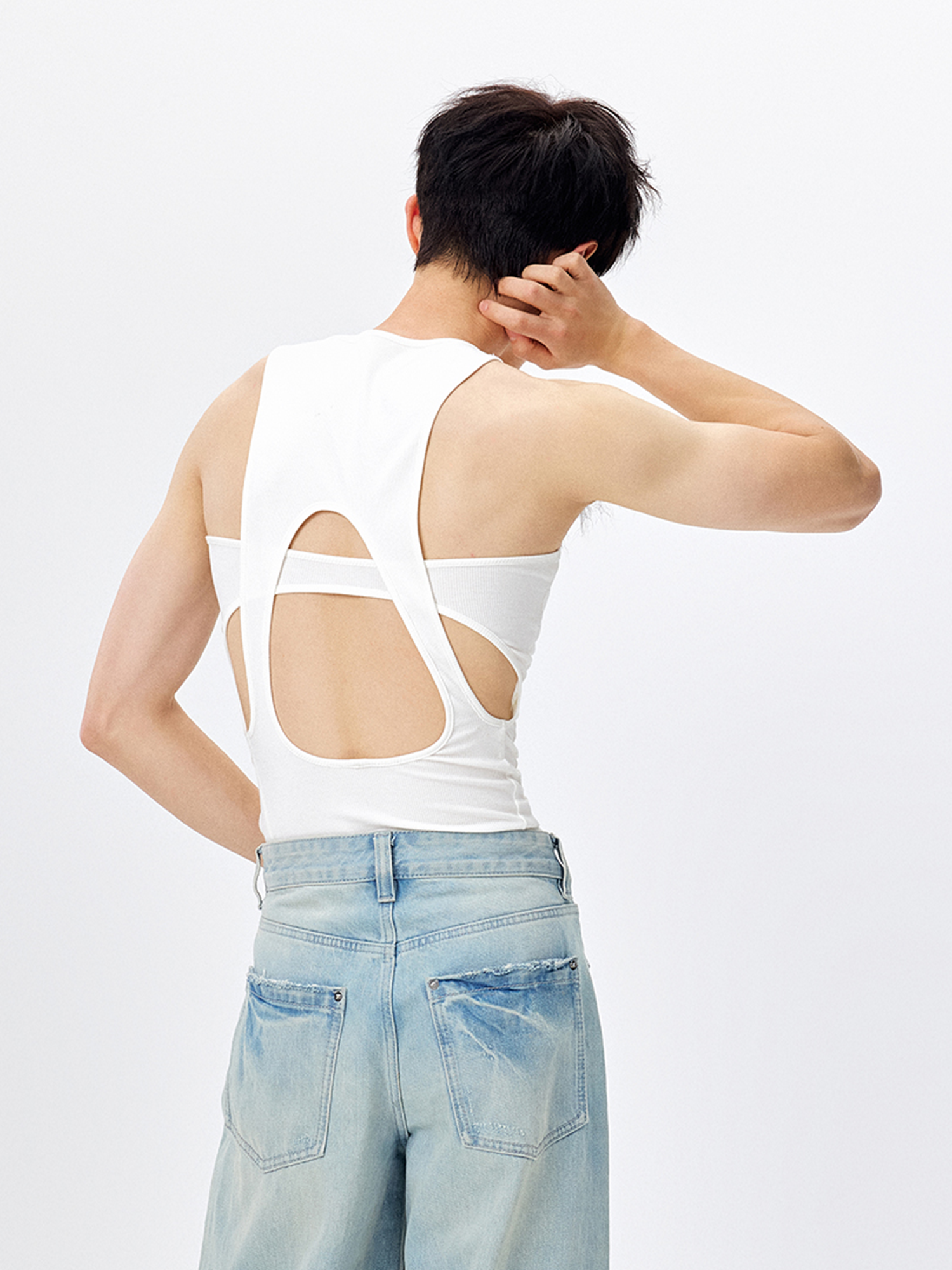 TUIMU Back Cut-Out Ribbed Tank Top White