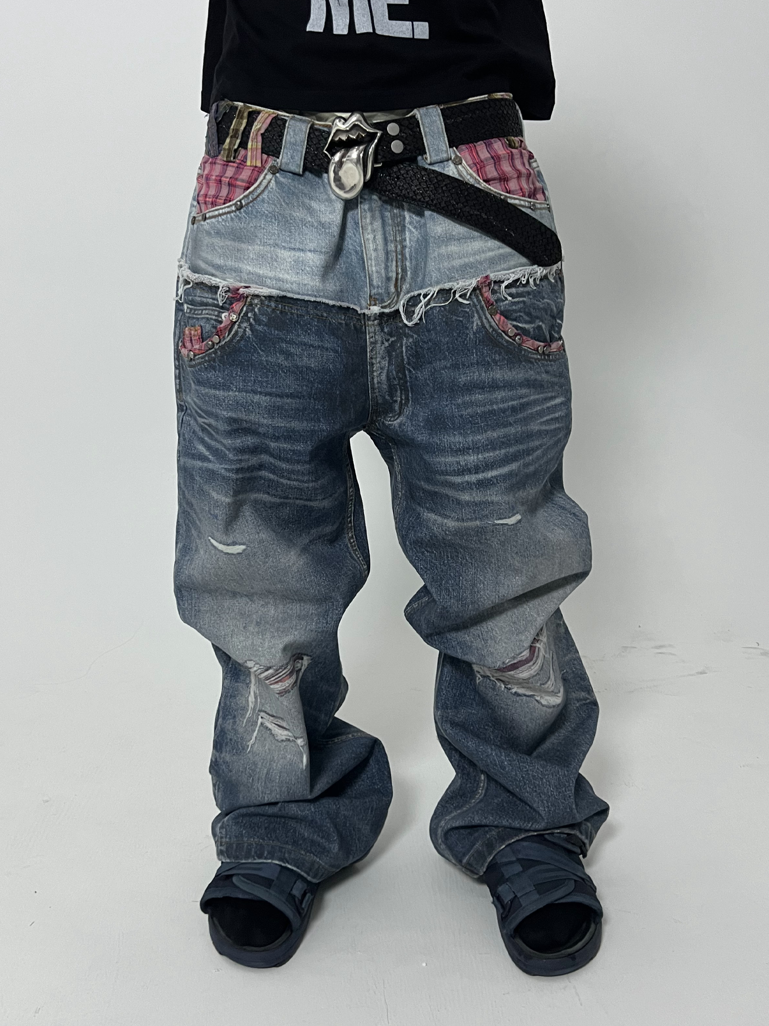 TECNINEGROUP Washed Plaid Paneled Double-Waist Jeans