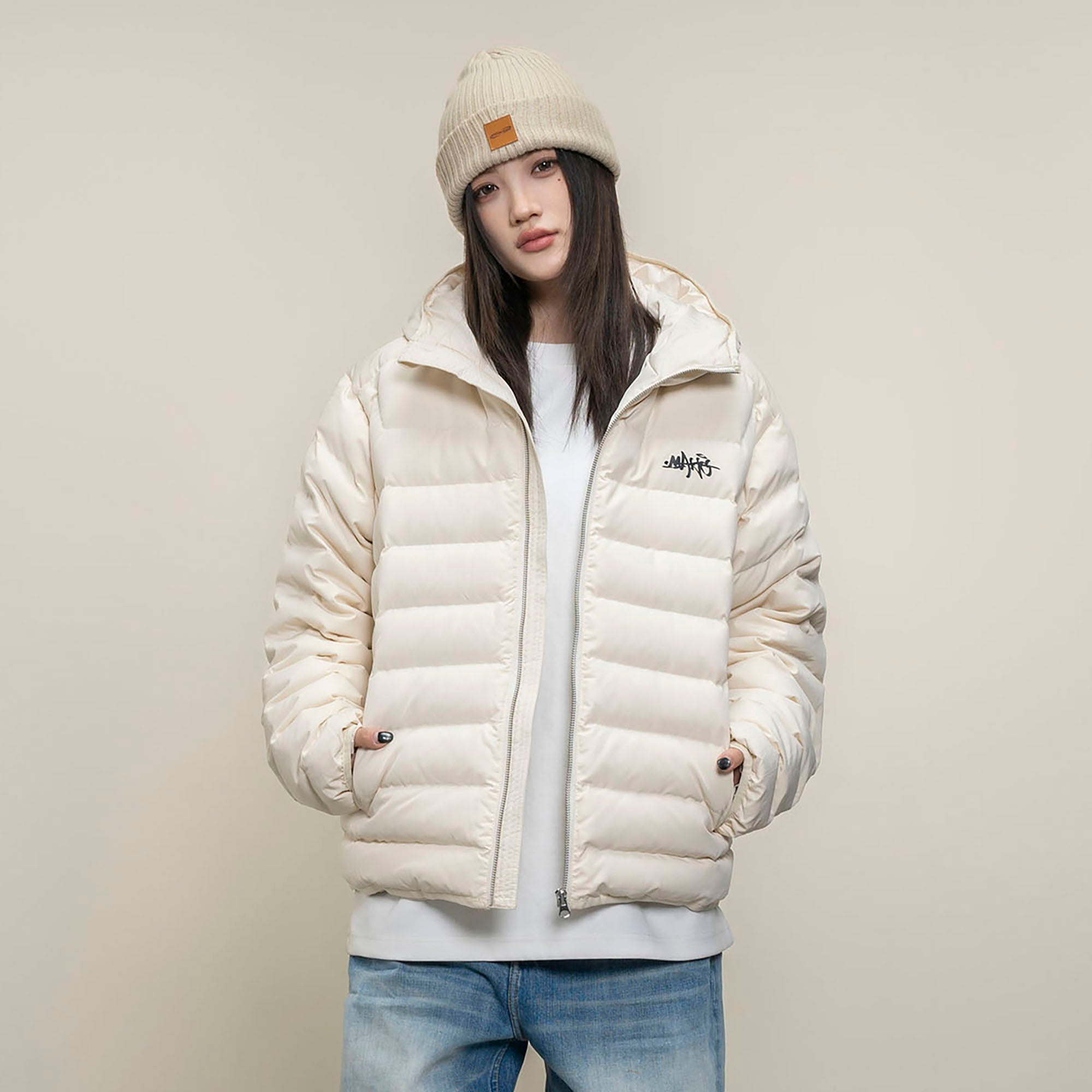 MAKEMORE LOGO Embroidered Elastic Quilted Down Jacket