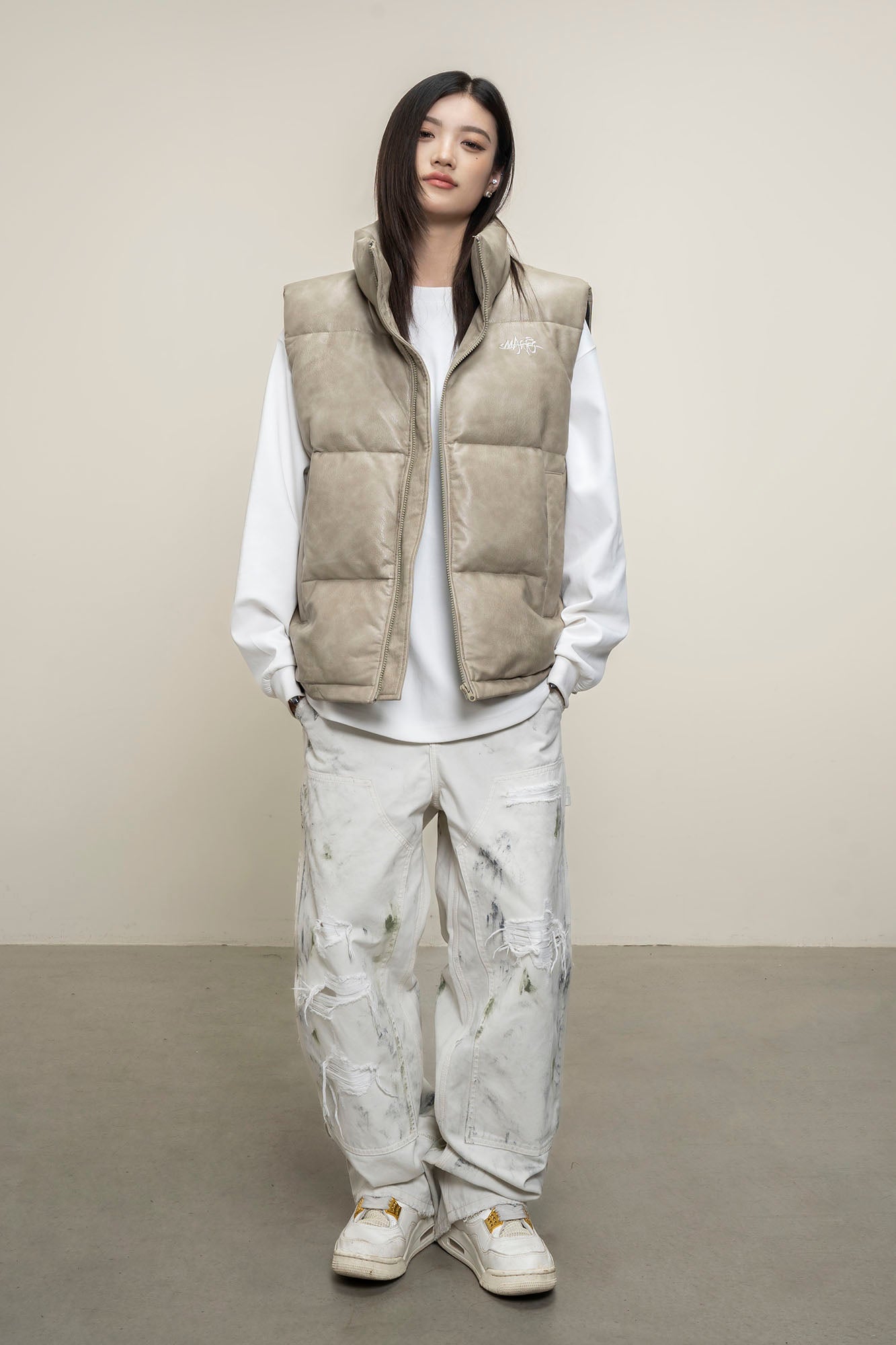 MAKEMORE PU Embossed LOGO Puffer Vest