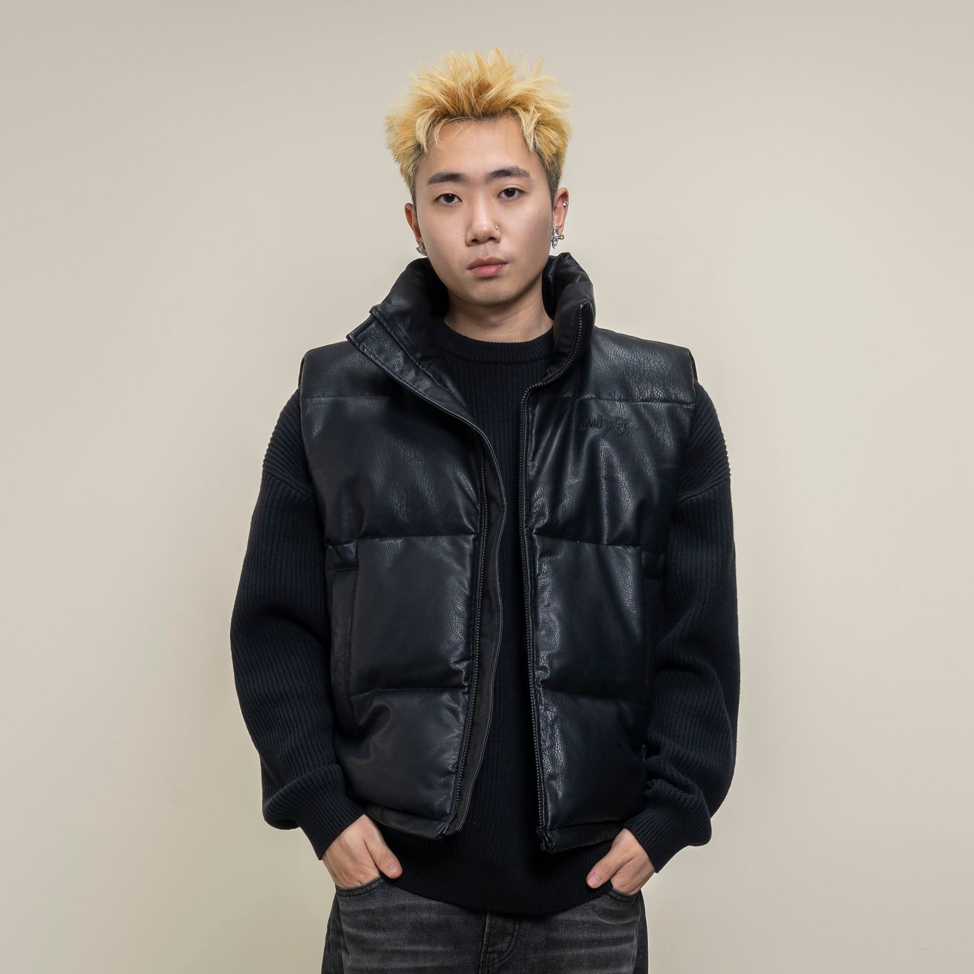 MAKEMORE PU Embossed LOGO Puffer Vest