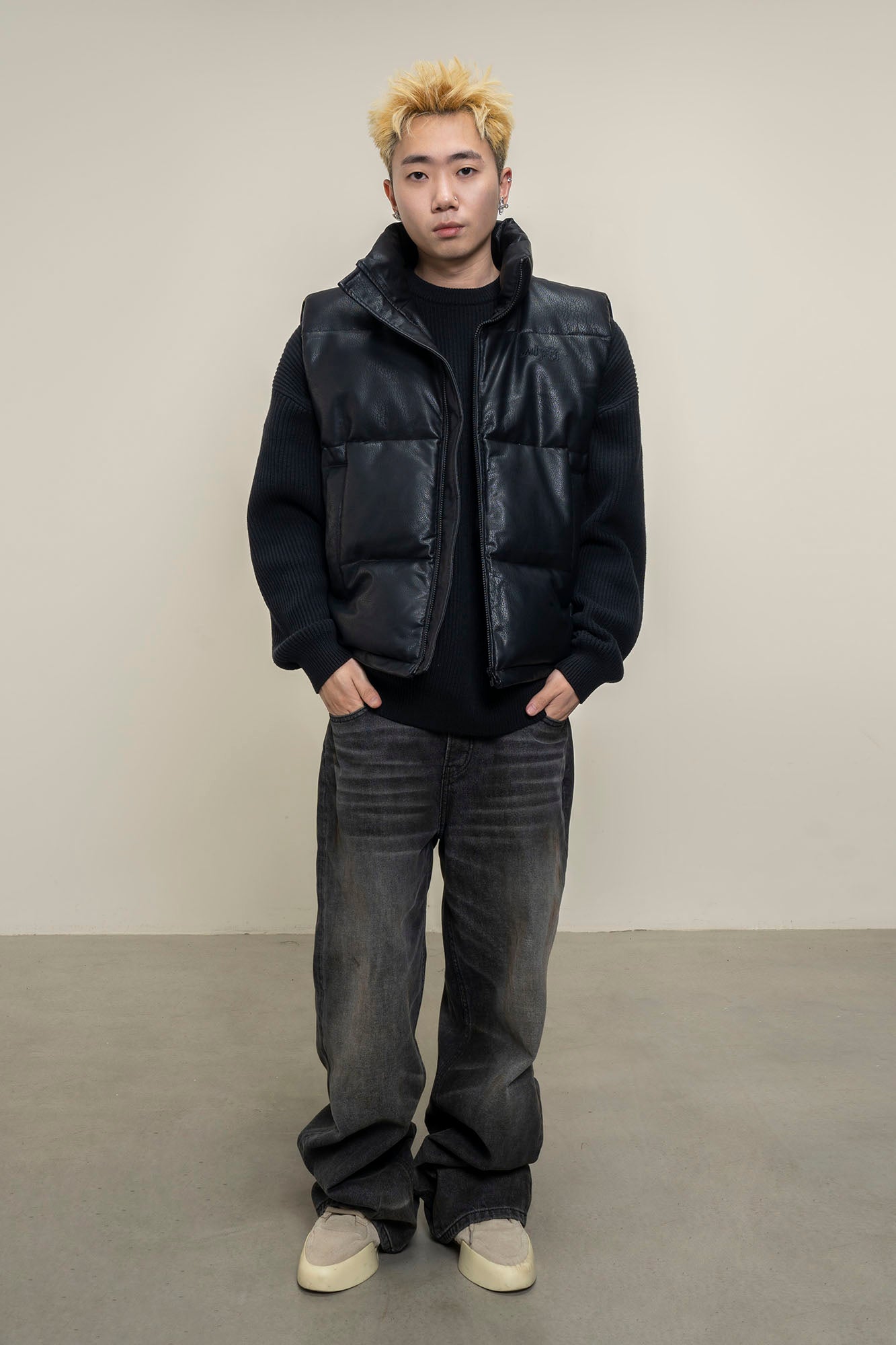 MAKEMORE PU Embossed LOGO Puffer Vest
