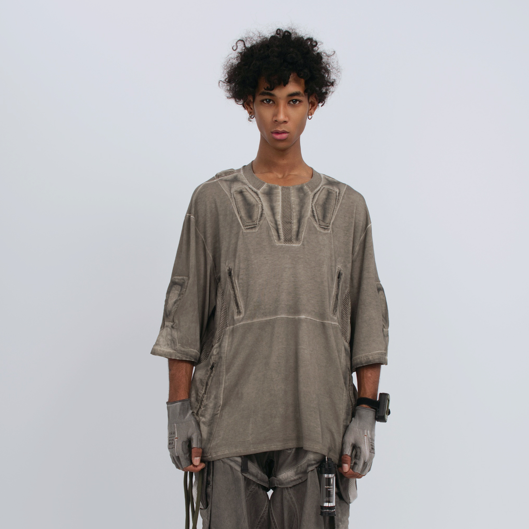 STEAM Distressed Mesh-Spliced Oversized Tactical T-Shirt