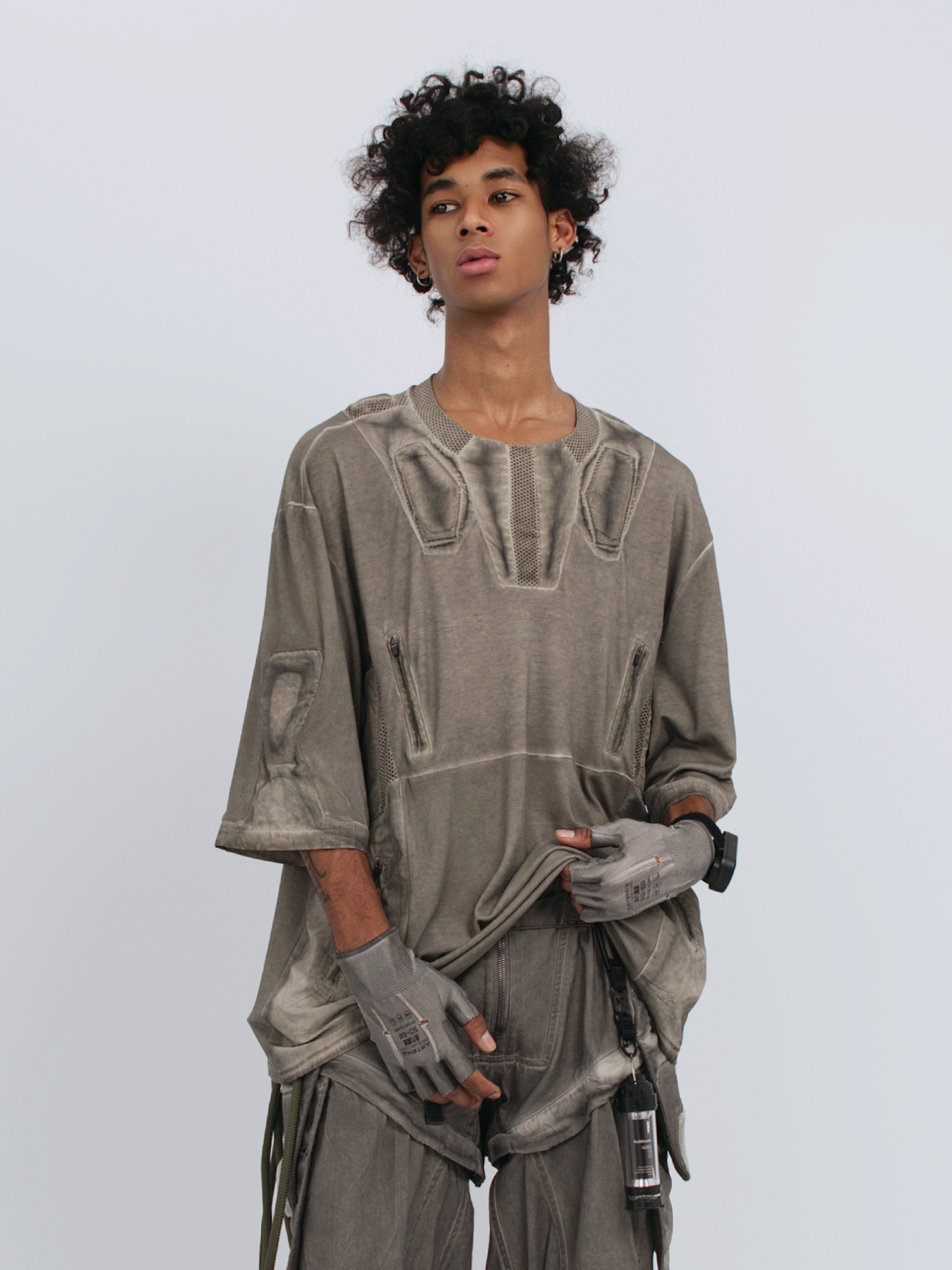 STEAM Distressed Mesh-Spliced Oversized Tactical T-Shirt