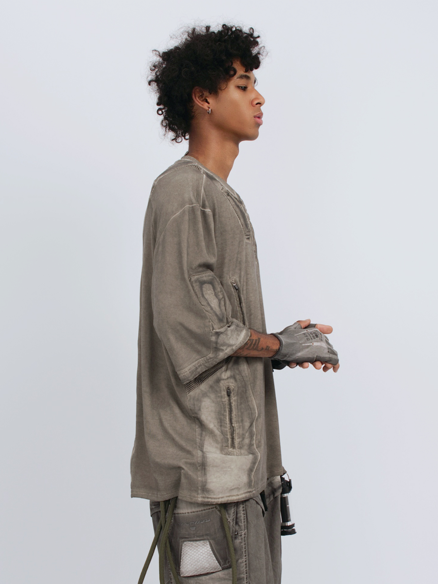 STEAM Distressed Mesh-Spliced Oversized Tactical T-Shirt