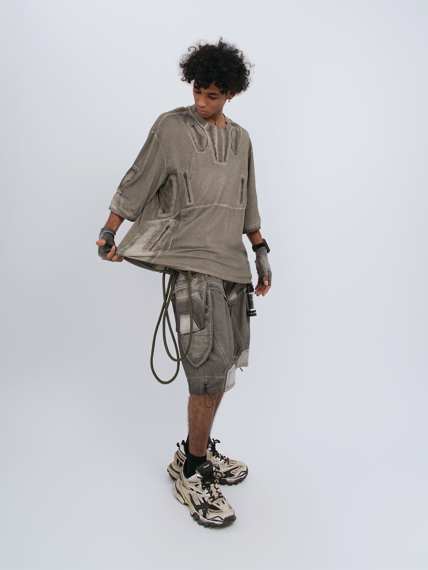 STEAM Distressed Mesh-Spliced Oversized Tactical T-Shirt