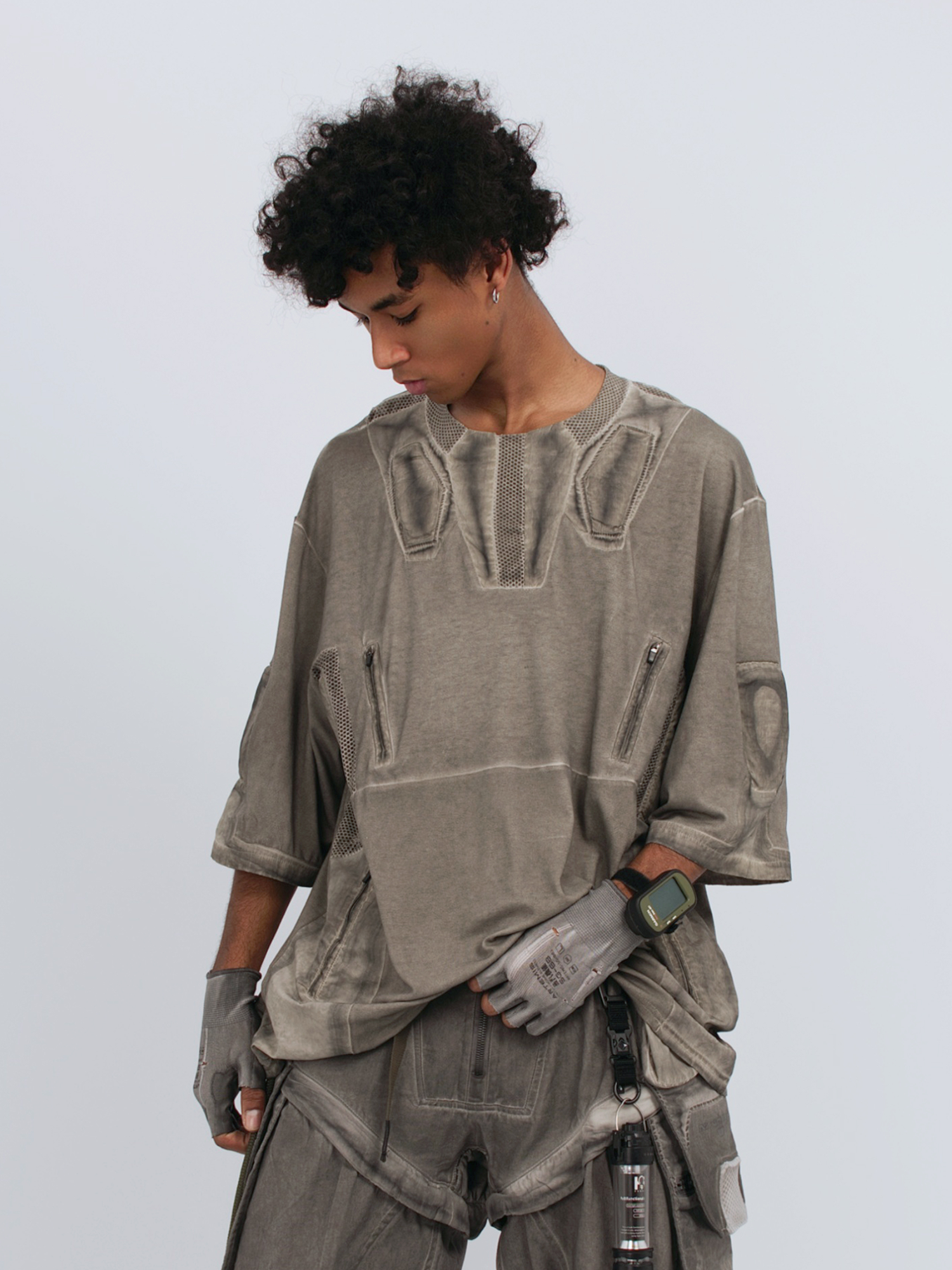 STEAM Distressed Mesh-Spliced Oversized Tactical T-Shirt