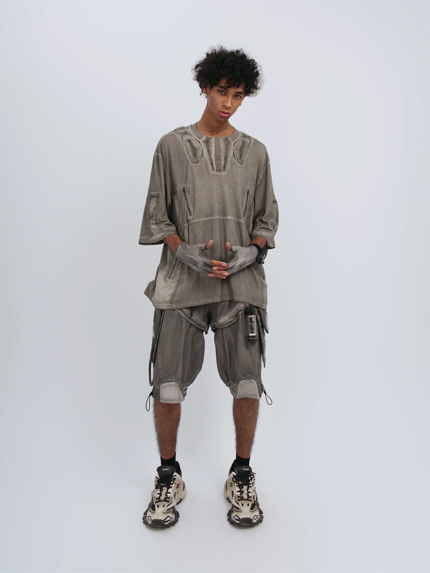 STEAM Distressed Mesh-Spliced Oversized Tactical T-Shirt