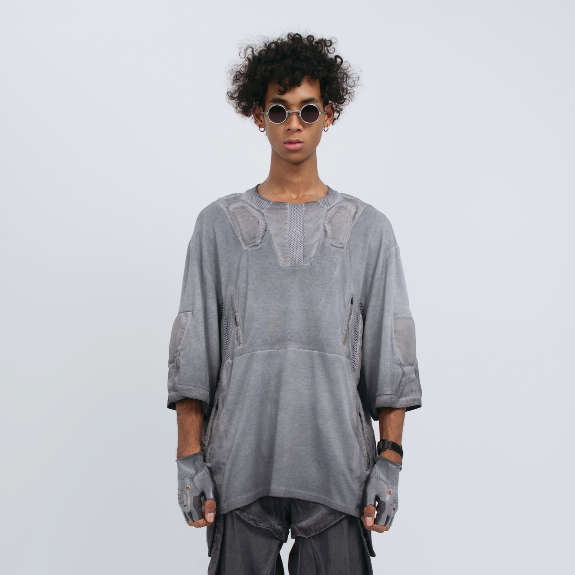 STEAM Distressed Mesh-Spliced Oversized Tactical T-Shirt