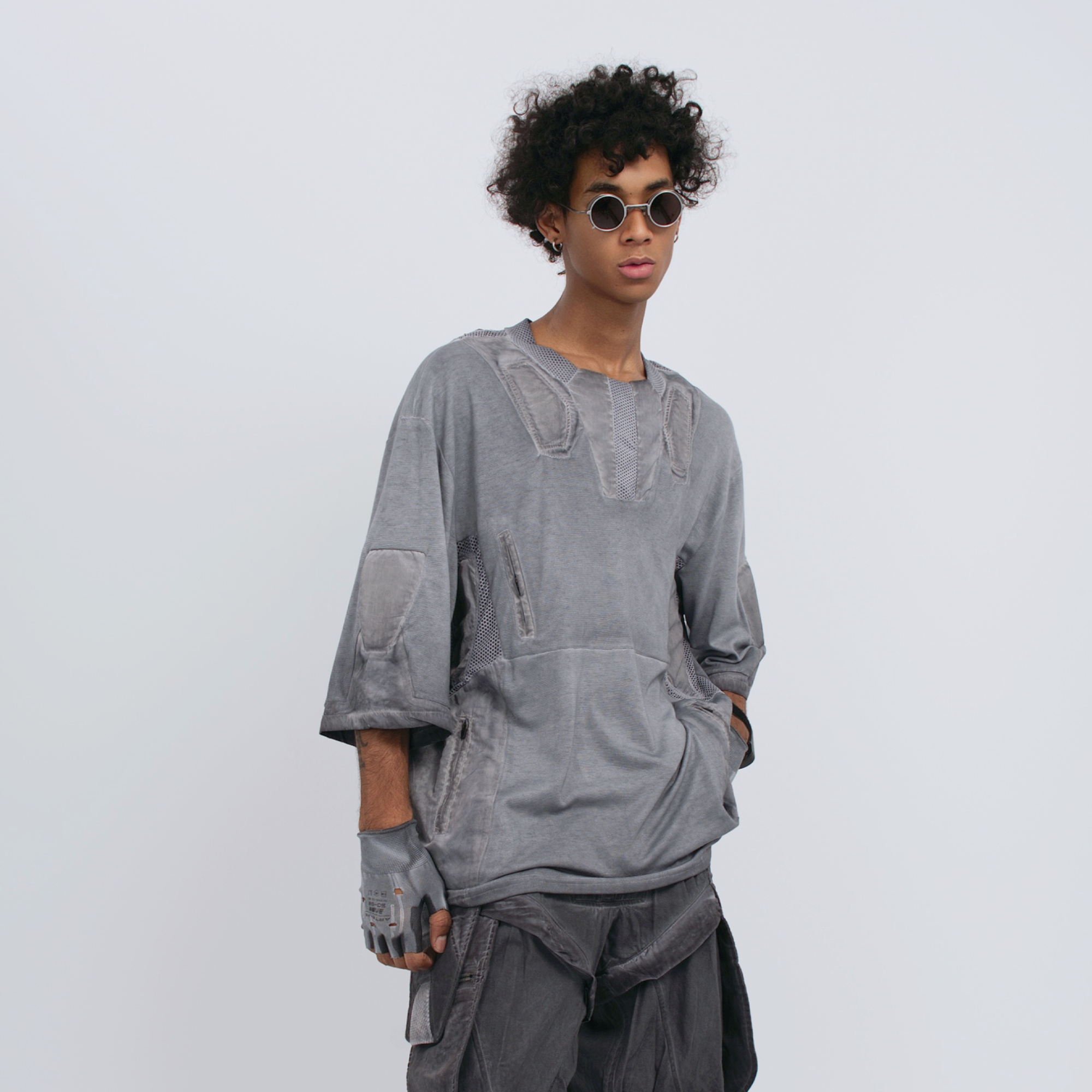STEAM Distressed Mesh-Spliced Oversized Tactical T-Shirt