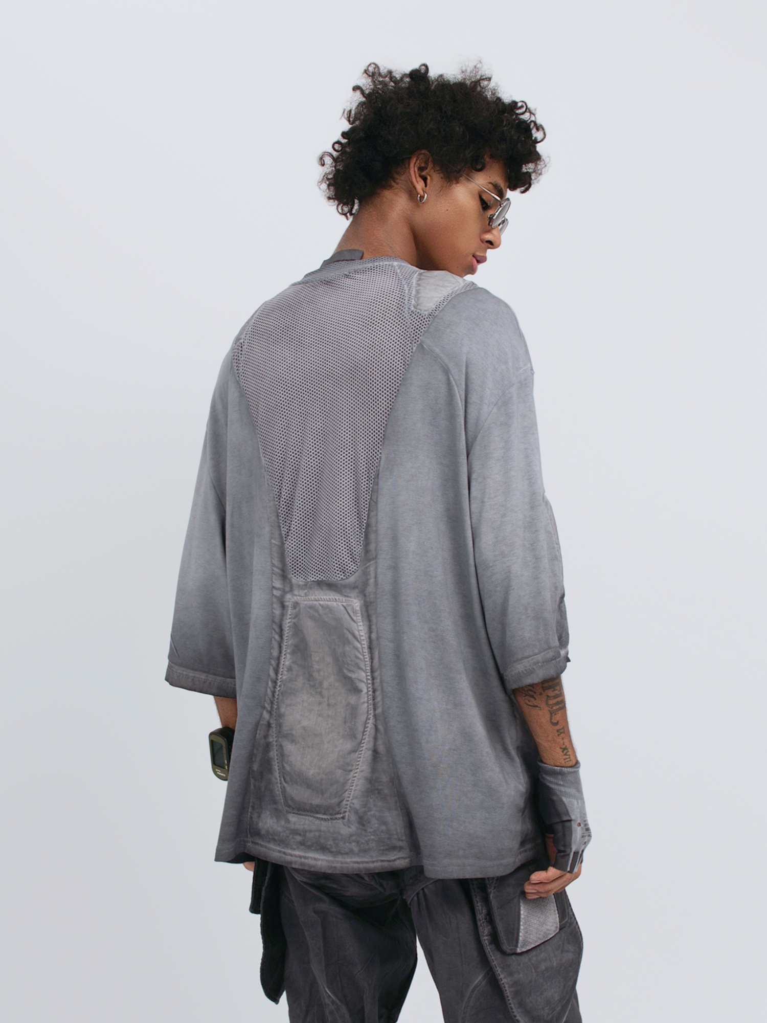 STEAM Distressed Mesh-Spliced Oversized Tactical T-Shirt