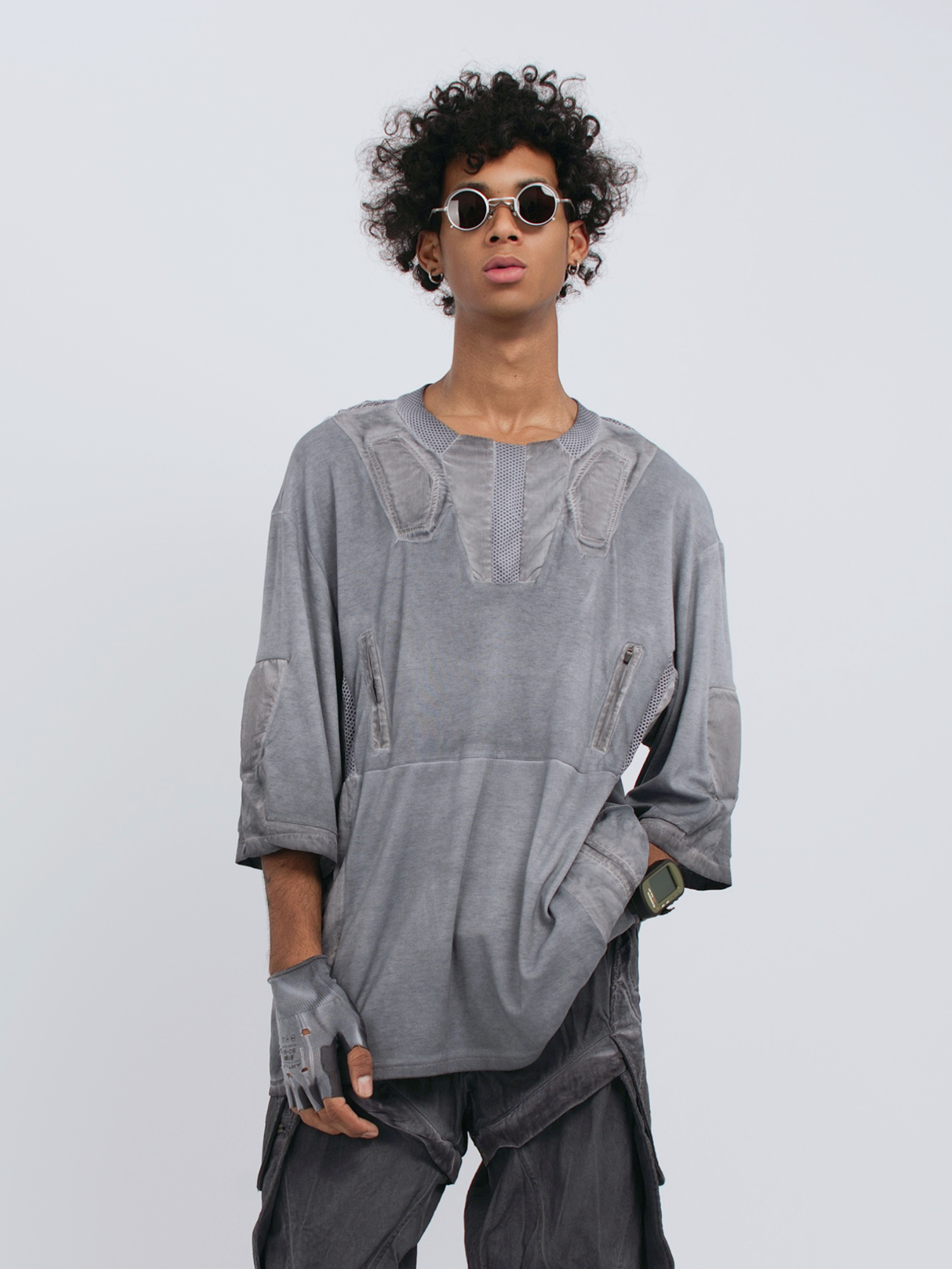 STEAM Distressed Mesh-Spliced Oversized Tactical T-Shirt
