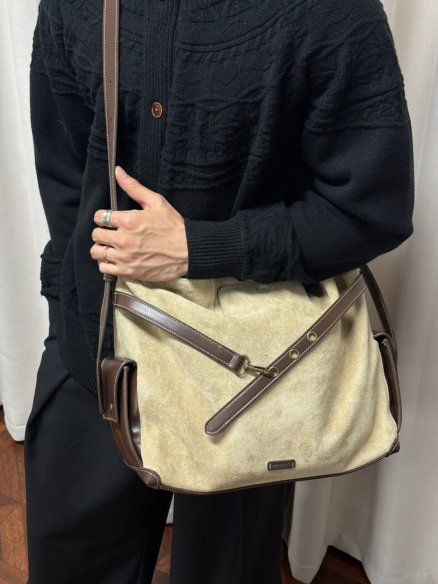 KREATE Faux Suede Panel Messenger Bag