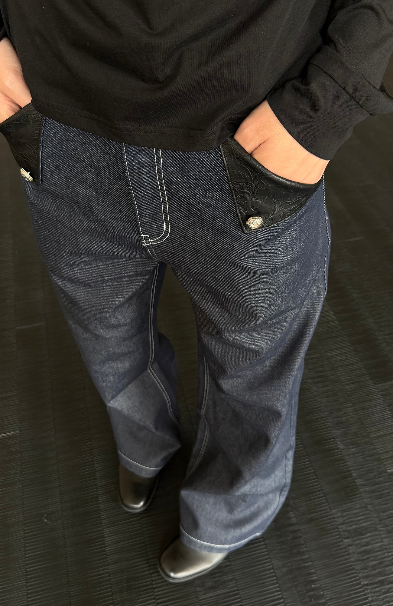 KREATE Raw PU-Paneled Flare Denim, premium urban and streetwear designers apparel on PROJECTISR.com, KREATE