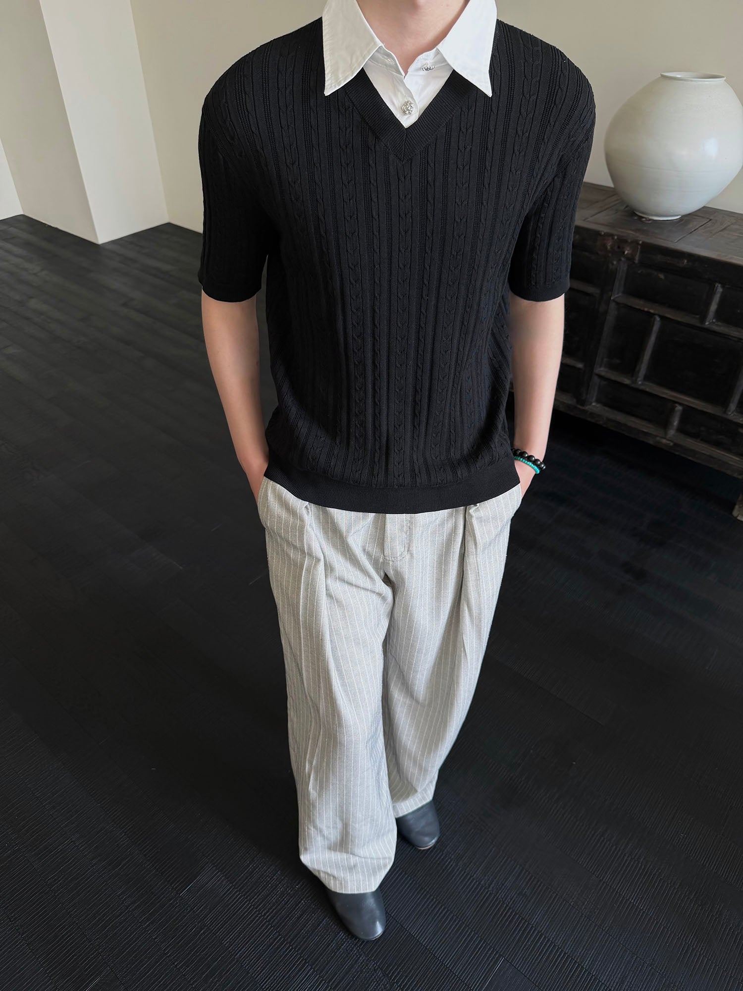 KREATE Faux Layered Cable-Knit Half Shirt, premium urban and streetwear designers apparel on PROJECTISR.com, KREATE