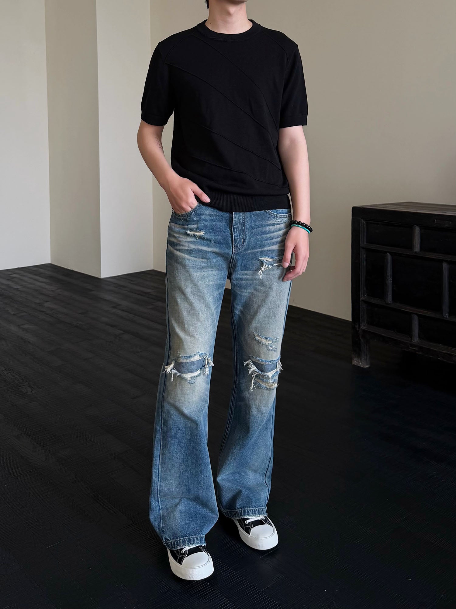 KREATE Double-Layer Distressed Straight-Leg Jeans, premium urban and streetwear designers apparel on PROJECTISR.com, KREATE